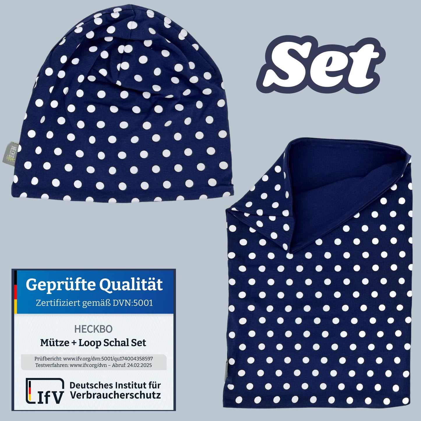 Heckbo 360° Reflector Children's Hat & Loop Scarf Set, Many Designs, 2–8 Years, 95% Cotton, Soft & Easy-Care Stretch Material, for Boys, Girls, Beanie for Spring, Summer, Autumn, Winter