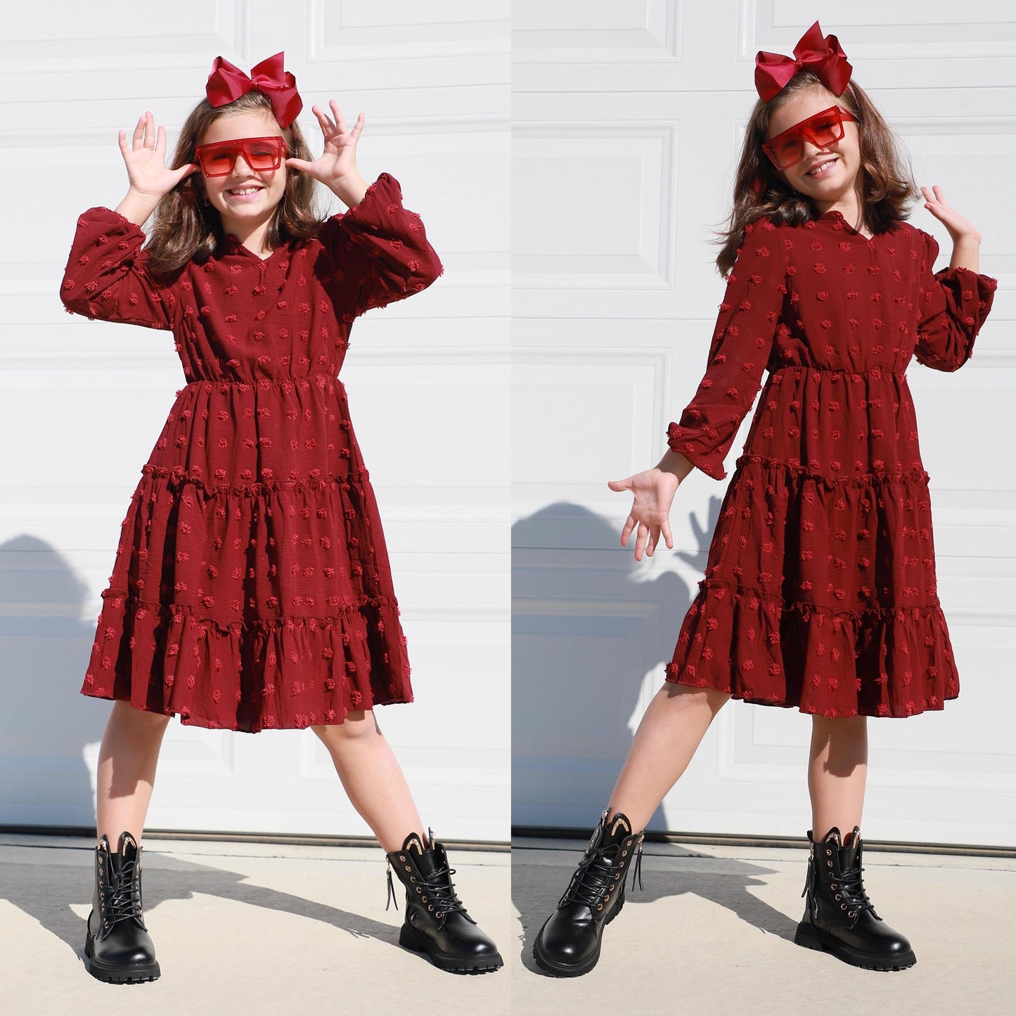 Arshiner Dress Girls Festive Flounce V-Neck Long Sleeve Dress Swiss Dot Chiffon Dress Children Tiered Dress A-Line Party Dress Wedding Princess Dress Swing Skater Dress 5-12 Years