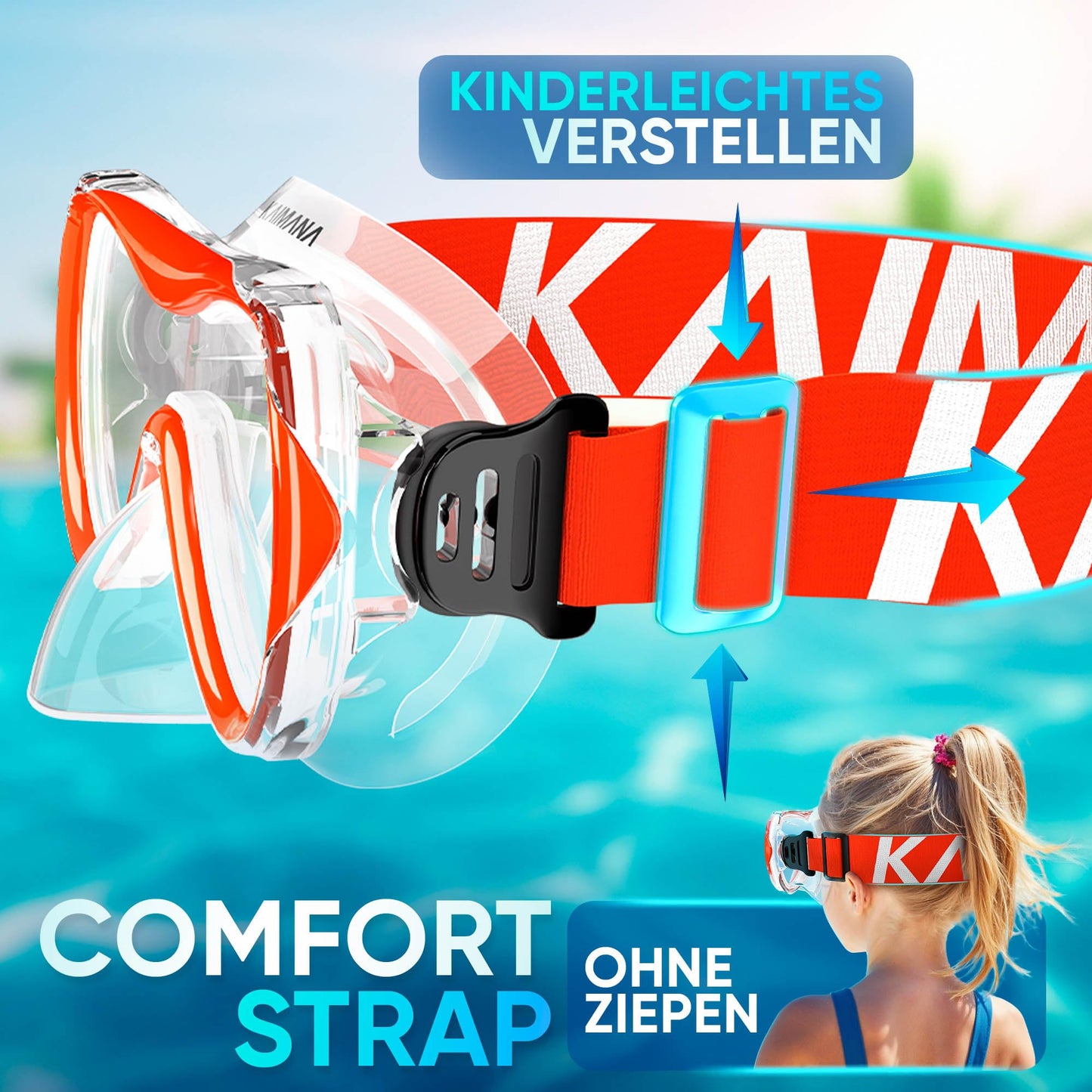 Das Neue KAIMANA® SeaExplorer Schnorchelset Kinder + Tragetasche, Taucherbrille mit Schnorchel, Taucherbrille Kinder, Alternative zur Schnorchelmaske Kinder, Taucherbrille mit Stoffband/Silikonband