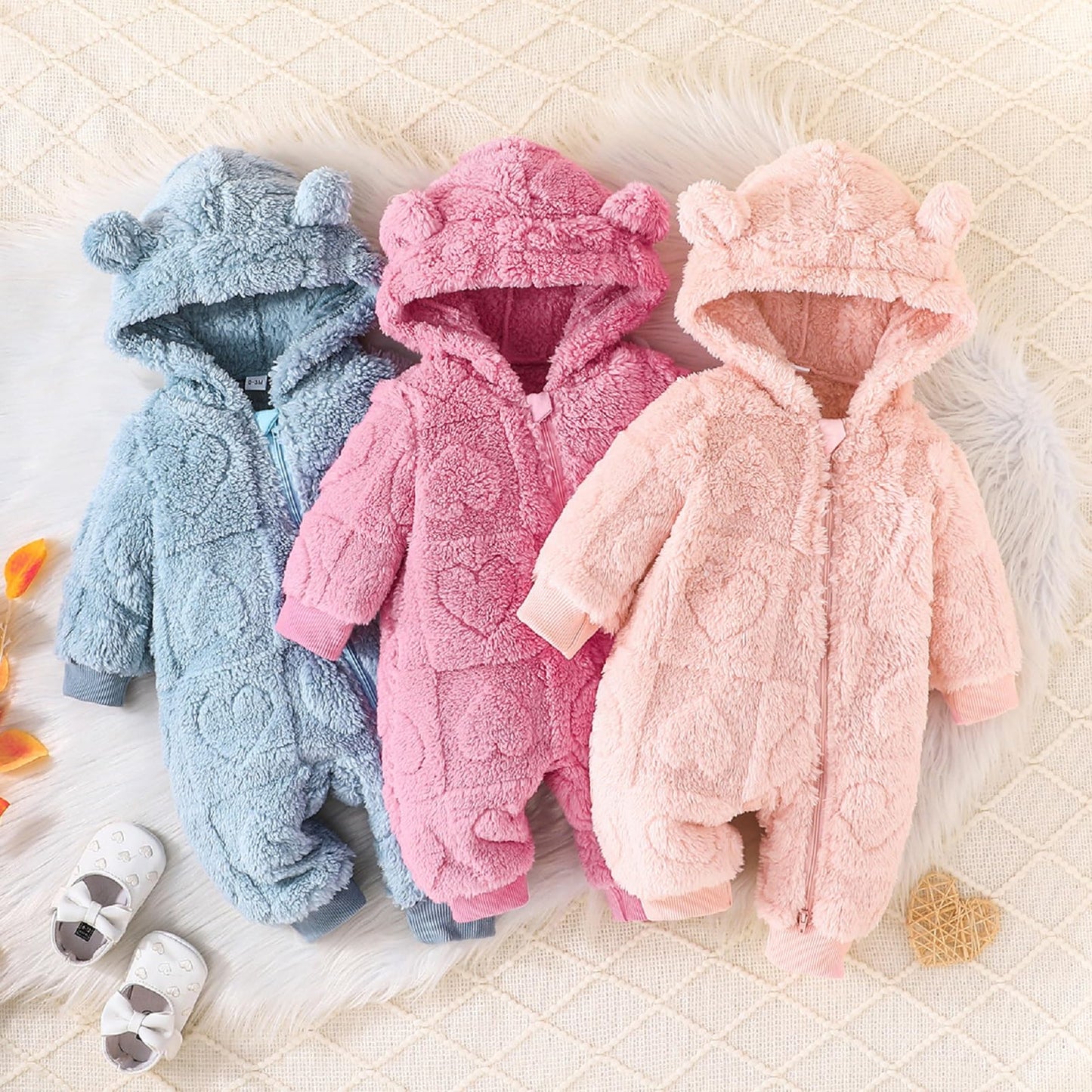 Winmany Newborn Baby Winter Snowsuit Bear Fleece with Hood Jumpsuit Heart Romper Winter Coat Outwear for Boys Girls