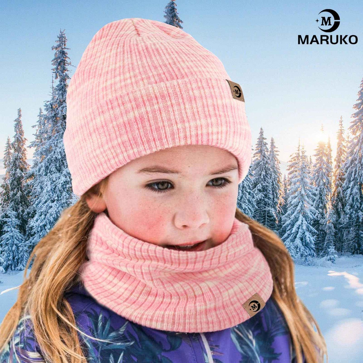 MARUKO Children's Winter Hat Scarf Gloves Set 3 in 1, Toddler Knitted Beanie Neck Warmer, Thick Fleece Thermal Knit Hat Scarf Gloves Set for Children Aged 2-8
