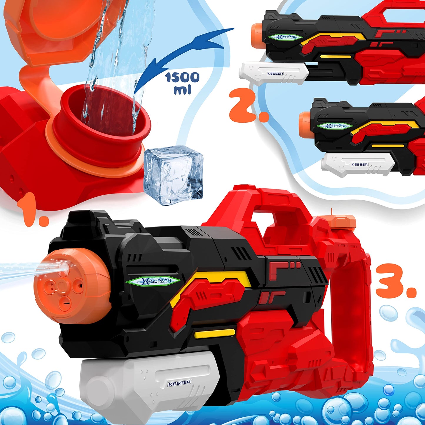 KESSER® Wasserpistole 2er Set Wasserpistolen Spritzpistolen Reichweite 10-11 Meter, Fassungsvermögen 1500ml Wasserspaß Strand Spielzeug im Freien für Kinder und Erwachsene Strandpool, Blau/Weiß