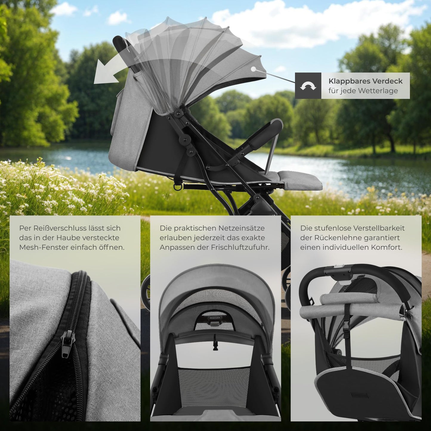 tectake® Buggy Kinderwagen von 0 bis 3 Jahre, Wagen für Baby Erstausstattung Neugeborene und Kinderbuggy, einhändig faltbarer Reisebuggy, Reisekinderwagen, Baby Wagen mit Verdeck - grau/beige - Meloni2