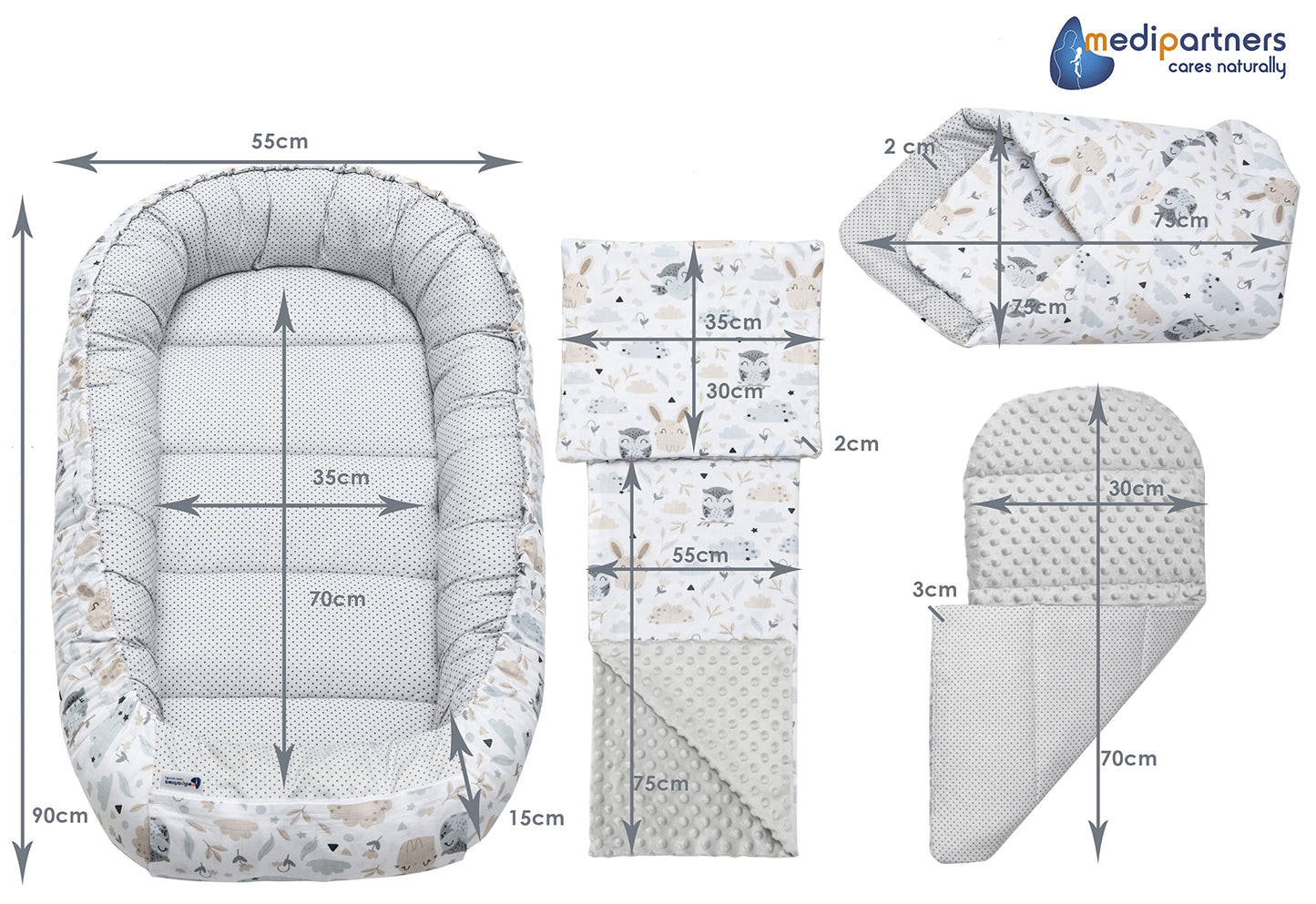 Medi Partners Babynestchen Babynest Set 100x60x15 Kuschelnest 5 teilig herausnehmbarer Einsatz Kokon Nestchen Babys Neugeborene 100% Baumwolle (REH mit Grauem Minky) - Meloni2