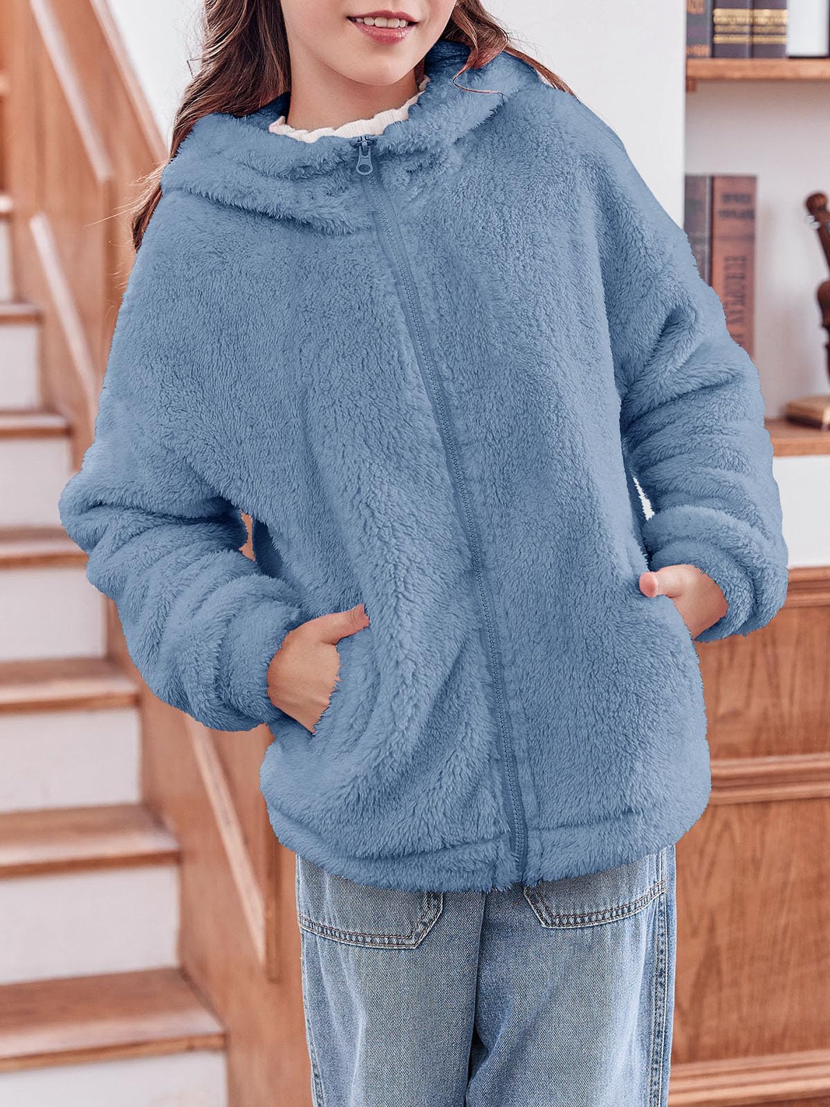 Haloumoning Girls' Fleece Jackets Kids Soft Fuzzy Hoodie Winter Coat Jacket