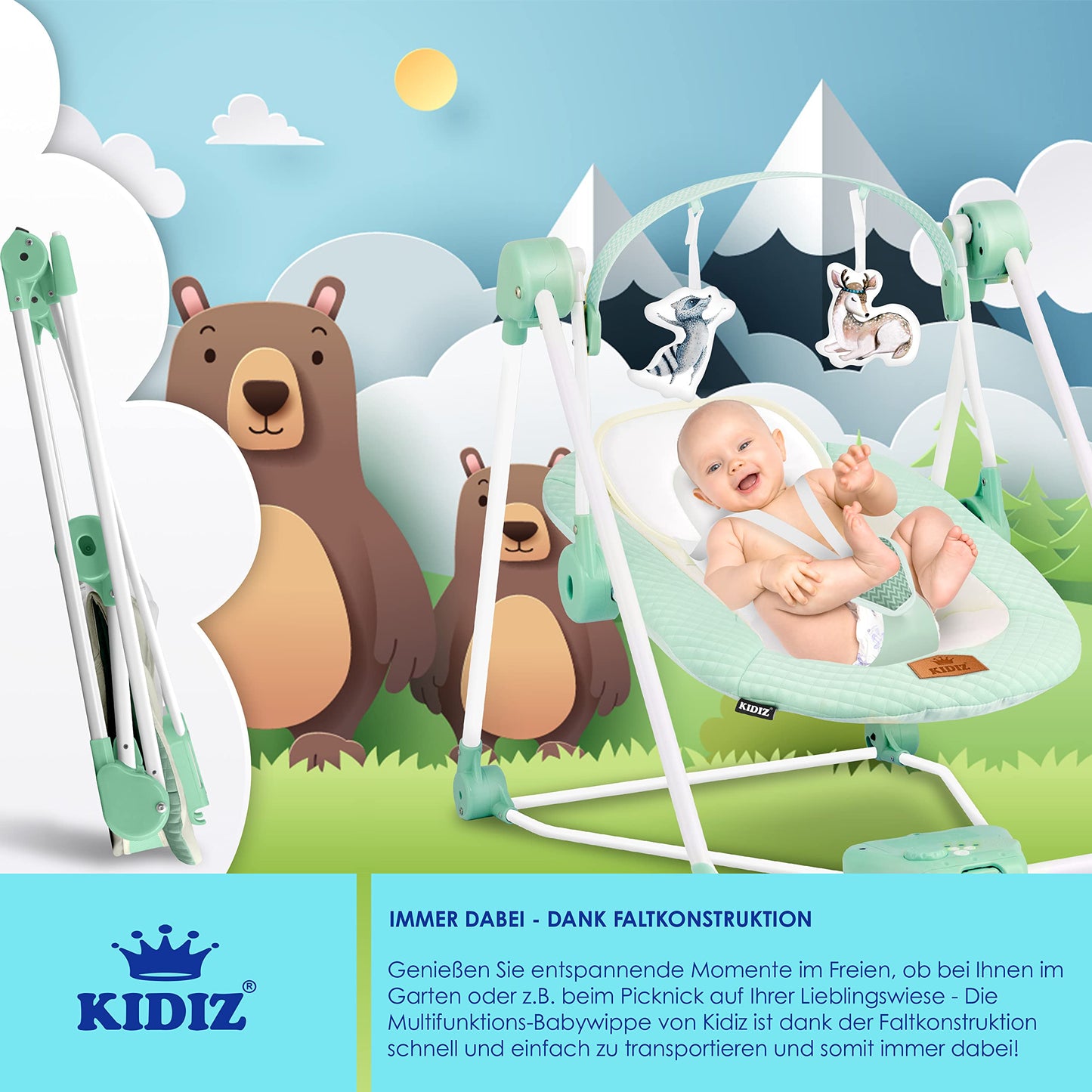 KIDIZ® Baby Rocker Baby Swing with 5 Speed Settings Foldable Baby Rocker Swing Baby High Chair with Play Arch Toys 5 Soothing Natural Sounds Newborn Anthracite
