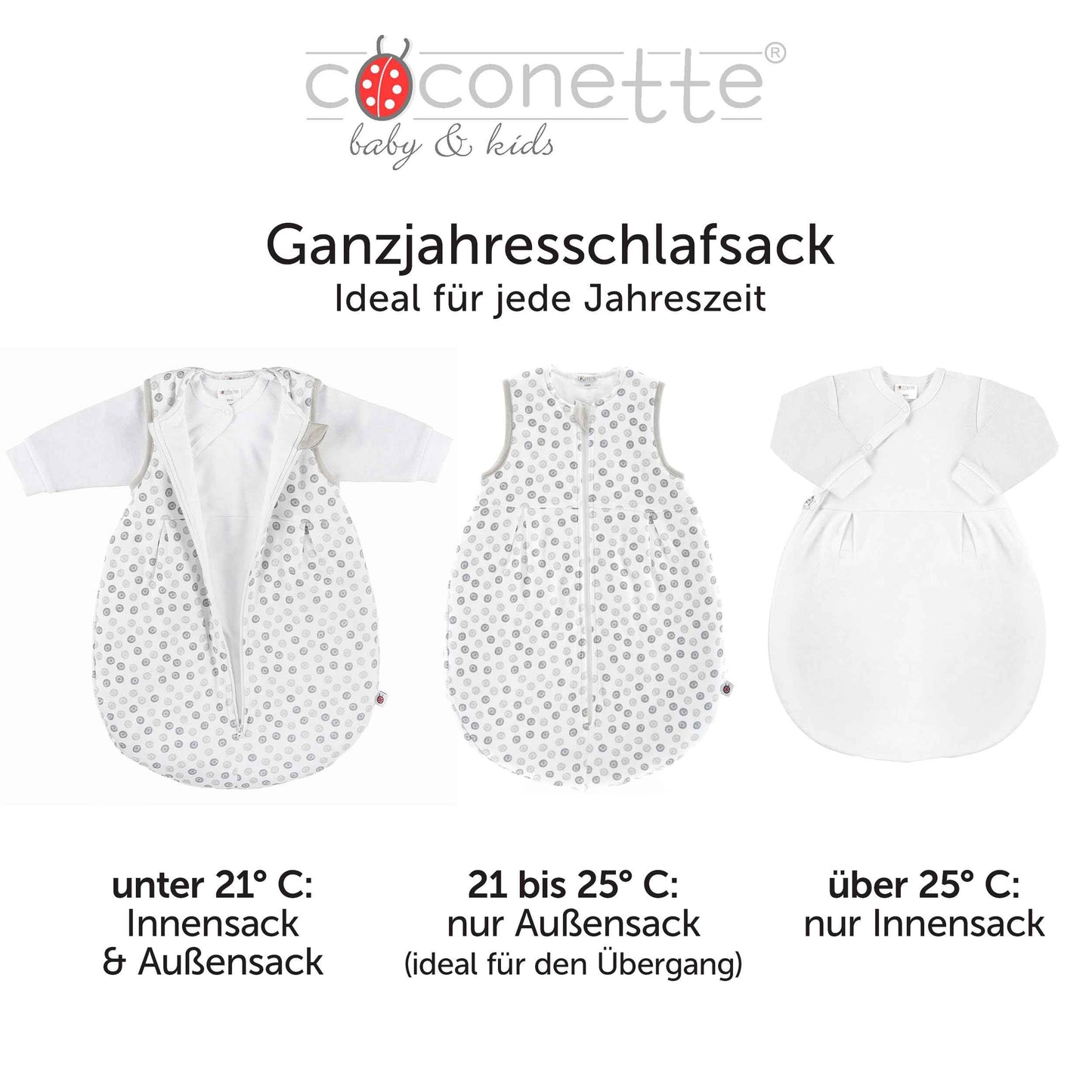 Coconette Circle All-Year Baby Sleeping Bag - 2-Piece: Long-sleeved inner bag and lined outer bag for summer and winter. 100 % cotton. White