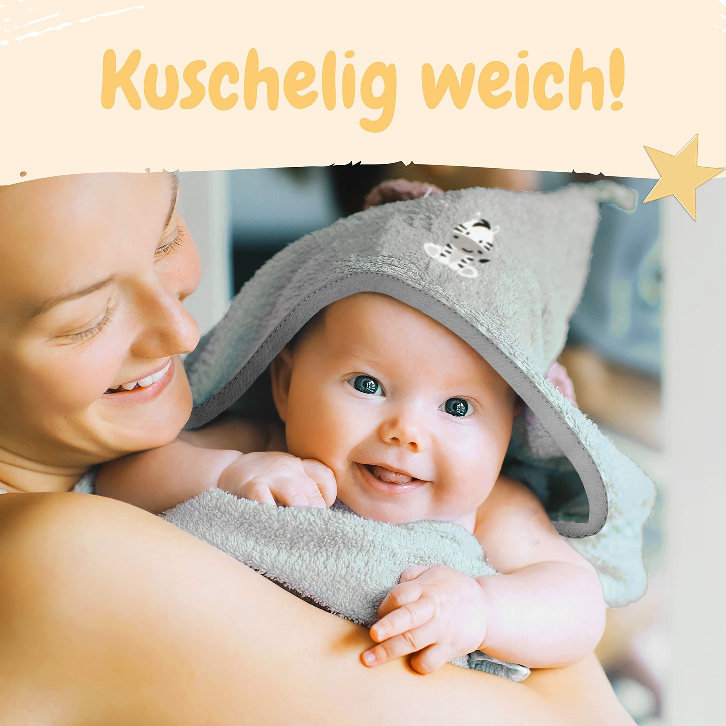 Babykajo Baby-Kapuzenhandtuch-Set mit 2 Waschlappen, Öko-Tex Standard 100 zertifiziert, weiches Frottee-Babyhandtuch mit Kapuze, 80 x 80 cm