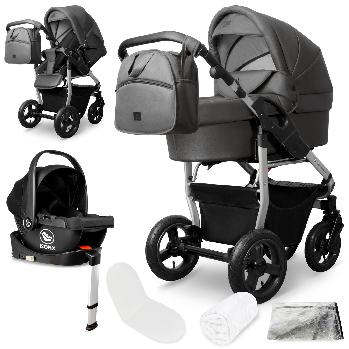 Bergsteiger Capri 3-in-1 Combination Pushchair - Baby Carrier, Sports Seat & i-Size Baby Seat, Pneumatic Tyres, Suspension, Height-Adjustable Handle, Foldable, Accessories