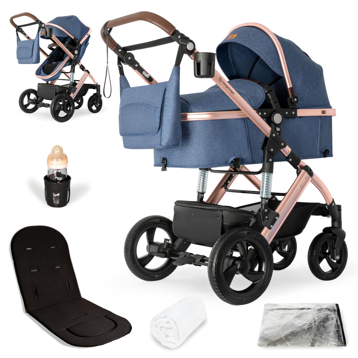 Bergsteiger Nizza 3 in 1 Kinderwagen, Kombikinderwagen Komplettset, Auto-Babyschale & Isofix Station, Babywanne & Buggy Sportsitz inklusive