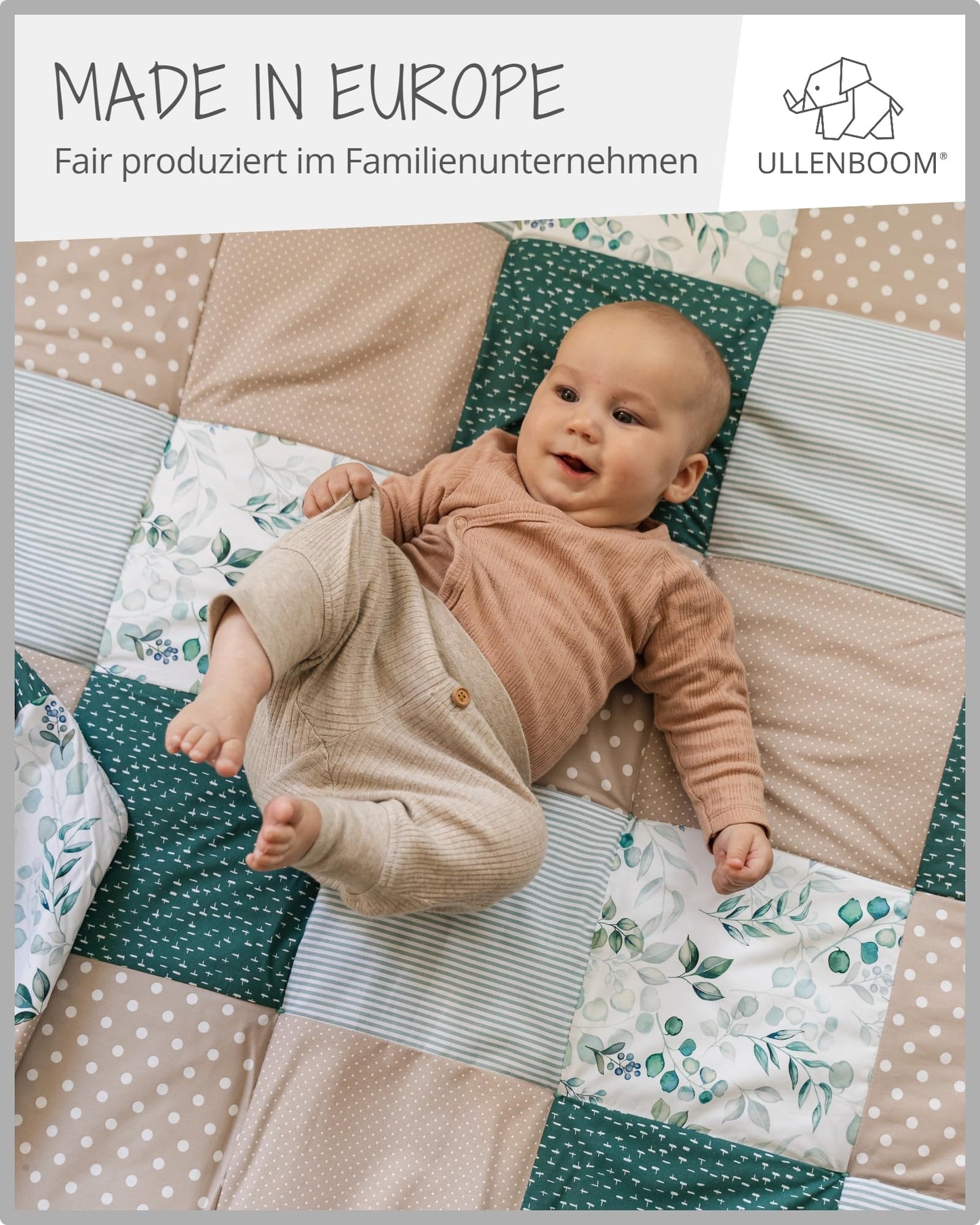 ULLENBOOM Krabbeldecke für Baby 80x80 cm, Outdoor-geeignet, 100% OEKO-TEX Materialien, Made in EU, Weich gepolstert, Eukalyptus - ideal als Spieldecke Baby - Meloni2