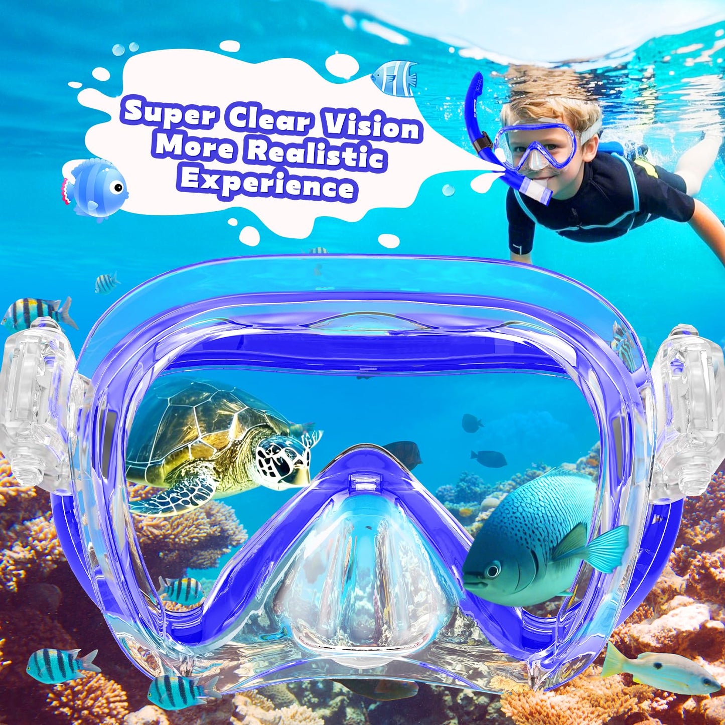 SkrekuiMa Taucherbrille Kinder | Schwimmbrille Kinder Schnorchelmaske Anti-Fog Anti-Leck | Tauchmaske Kinder 180°Panorama HD Tempered Glas für Kinder 4-12 Jahre Jungen Mädchen