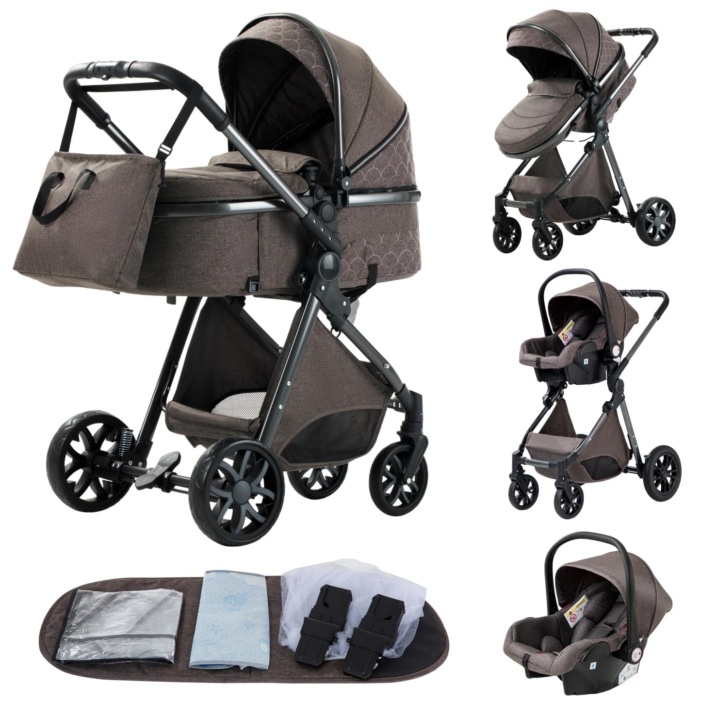YAZOCO Kinderwagen 3 in 1 Buggy Babybett Komplett Set mit einem Klick Zusammenklappbarer Kinderwagen, KombiKinderwagen Aluminiumrahmen für Neugeborene Sitzzubehör - Meloni2