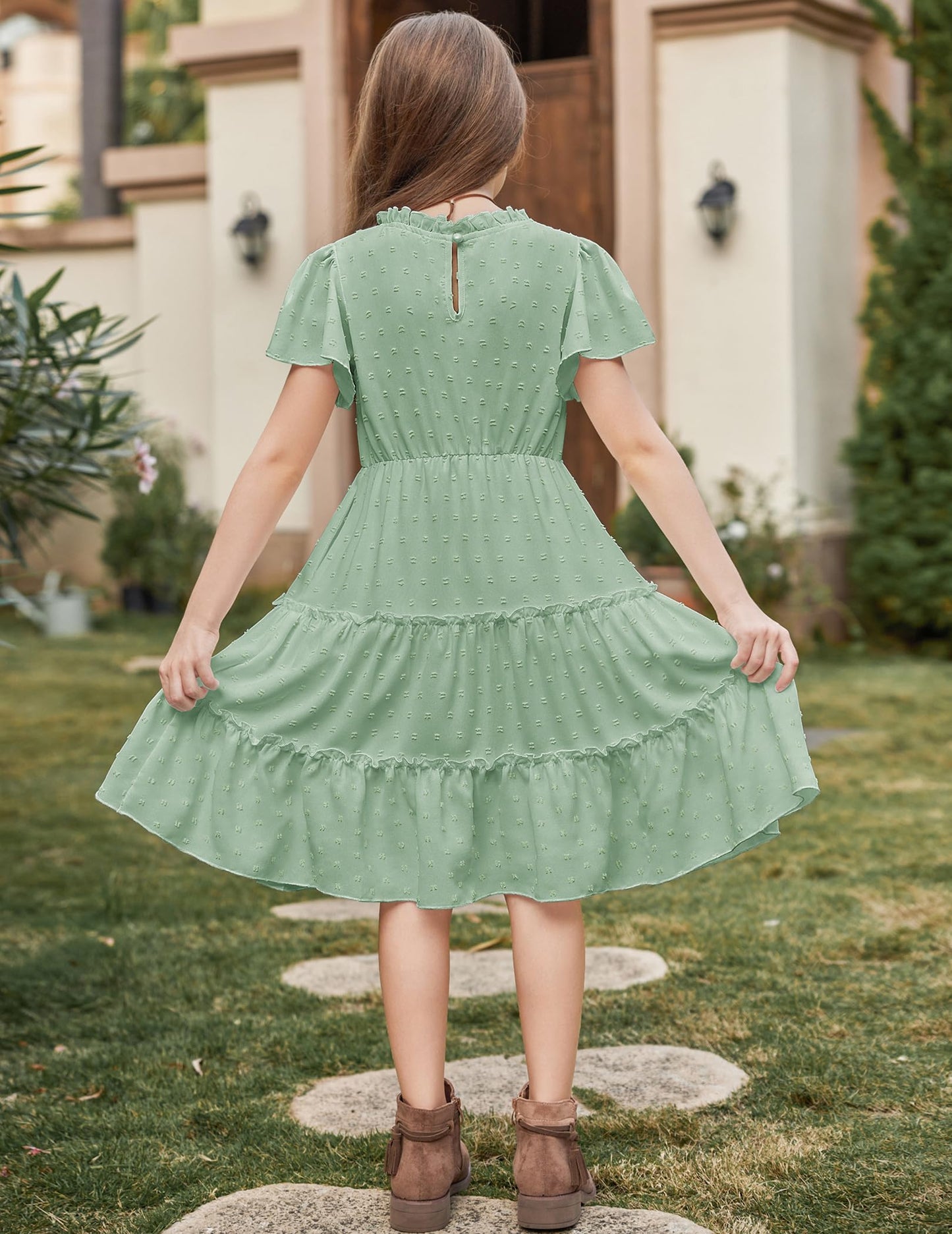 Arshiner Girls Dress Festive Ruffle Sleeve Summer Dresses V-Neck Party Dress Swiss Dot Tiered Dress Children A-Line Swing Kids Dress with Pocket 3-12 Years