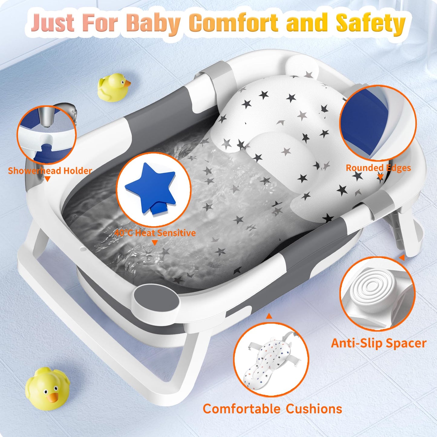 Rabb 1st Baby Badewanne Faltbare, Baby Bathtub Babywanne Faltbar Babybadewanne Tragbare Wanne für Neugeborene Kleinkinder mit Rutschfester Matte und Abflussloch (Kein Thermometer) (Grau)