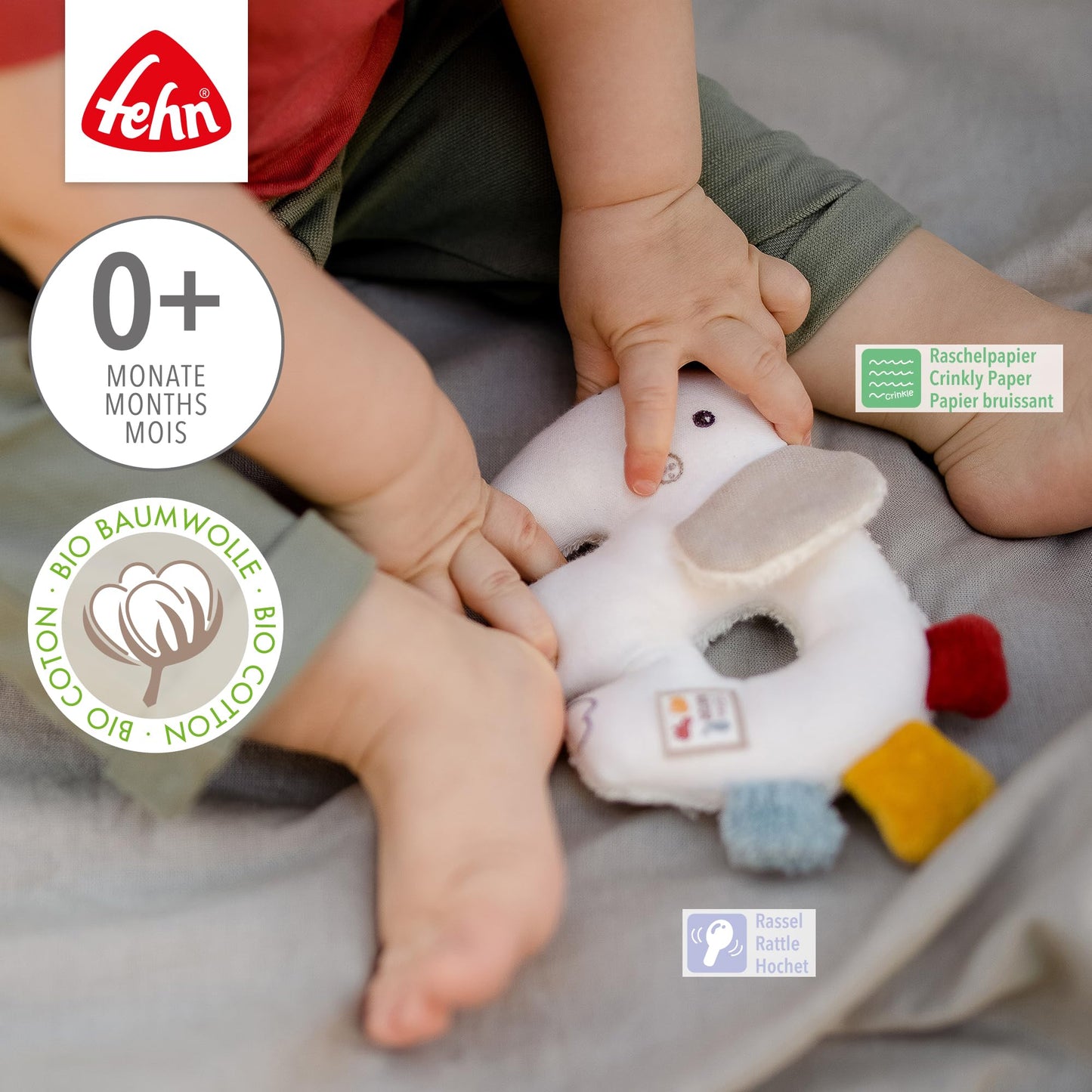 Fehn Baby Ring Greifling Lama - Kuscheltier Babyspielzeug mit Rassel - Motorikspielzeug für das spielerische Lernen - Plüschtier als Einschlafhilfe - Spielzeug für Babys & Kleinkinder ab 0+ Monaten