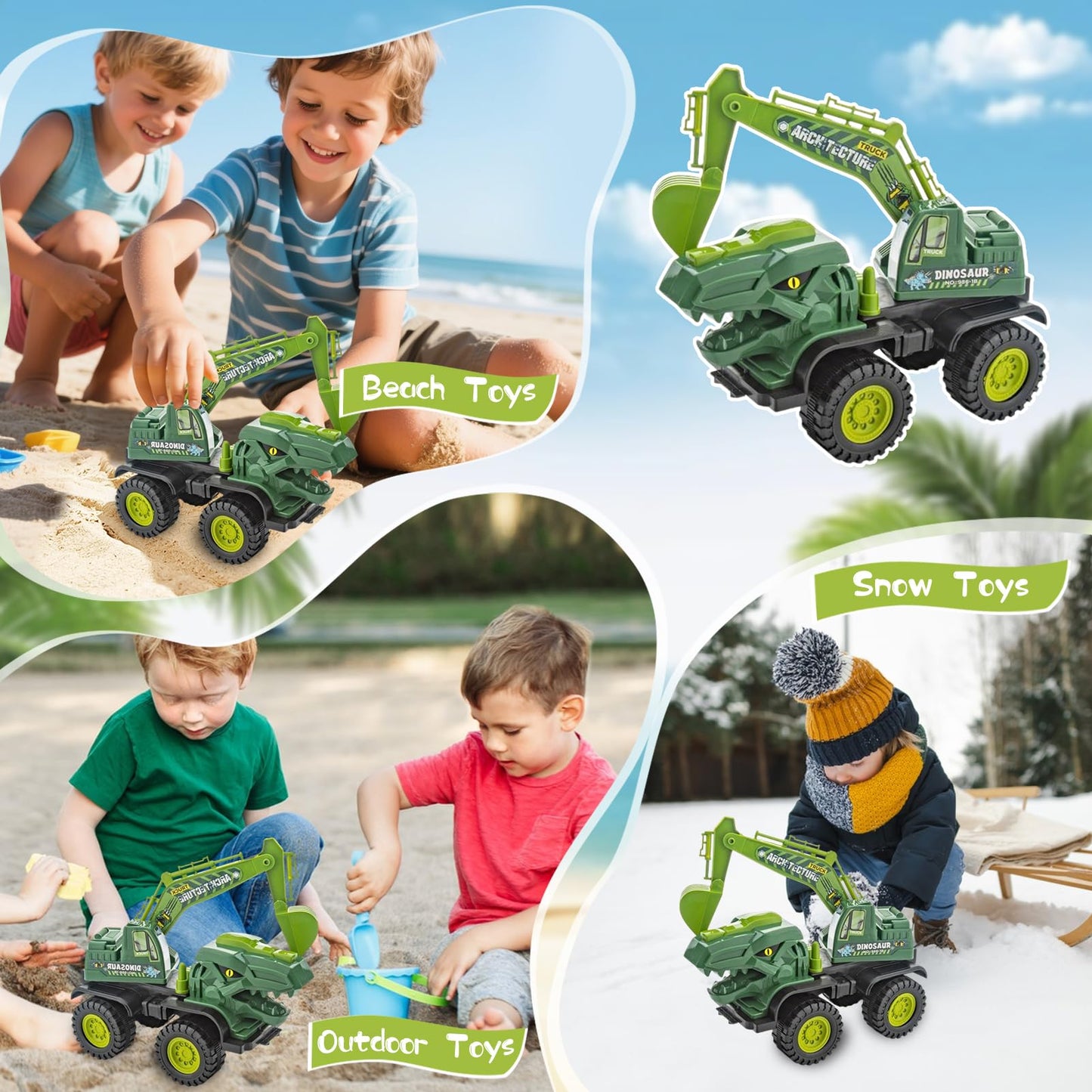 Baustellenfahrzeuge ab 3 Jahren, Set mit 3 Dinosaurier-Sandgruben-Spielzeugset mit Bagger, Transporter, Muldenkipper, robustem Sandspielzeugfahrzeugen Auto, geeignet als Sandspielzeug für Kinder ab 2+ (01)
