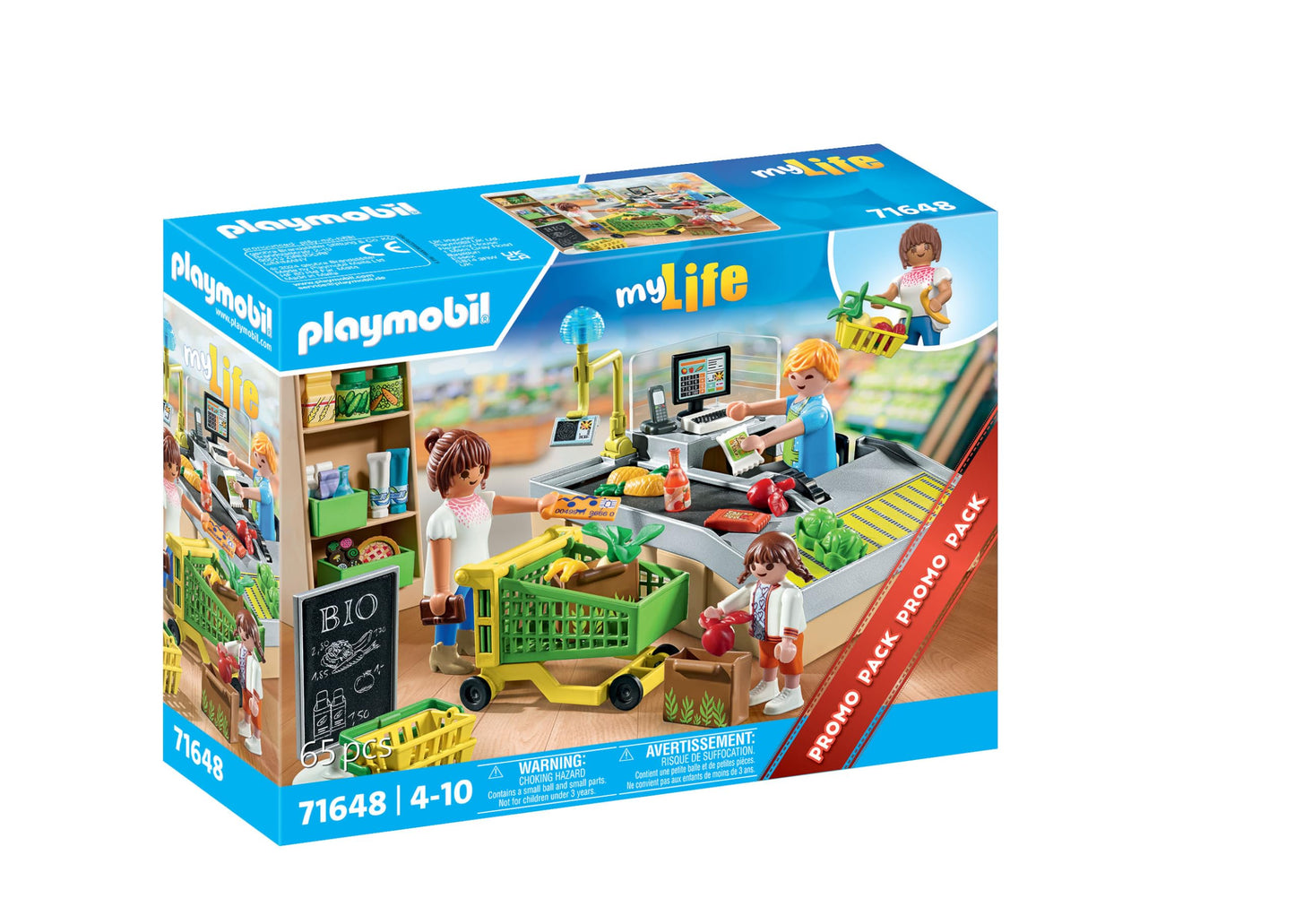 PLAYMOBIL MyLife Promo Pack 71648 Bio-Supermarkt, inklusive Kasse mit Warenlaufband, Einkaufswagen und DREI Figuren, detailreiches Spielzeug für Kinder ab 4 Jahren