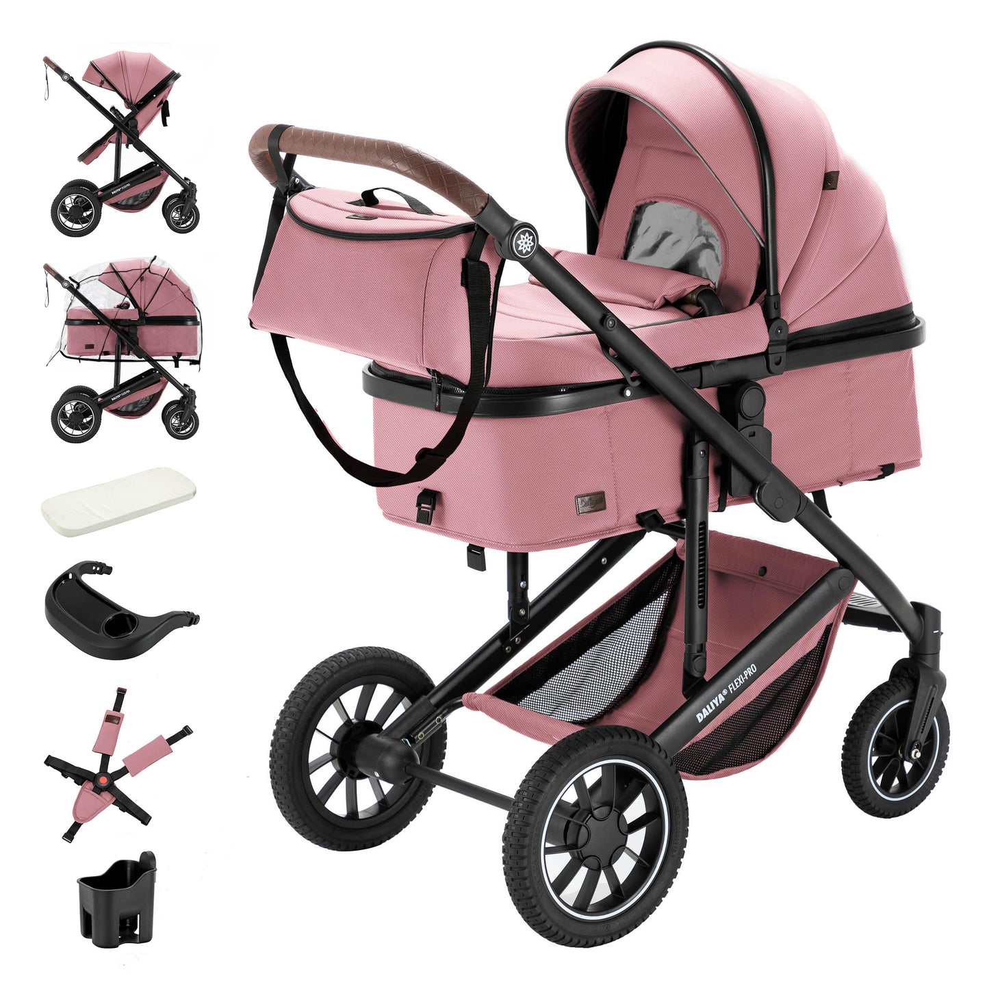 Daliya® FLEXI-PRO M 2in1 Kombikinderwagen & Buggy – XXL-Set, Reise-Kinderwagen mit Einhand-Abnahme, Wetterschutz, Sportsitz, Wickeltasche, Spieltisch, Regenschutz, dicke Matratze (Olivgrün)