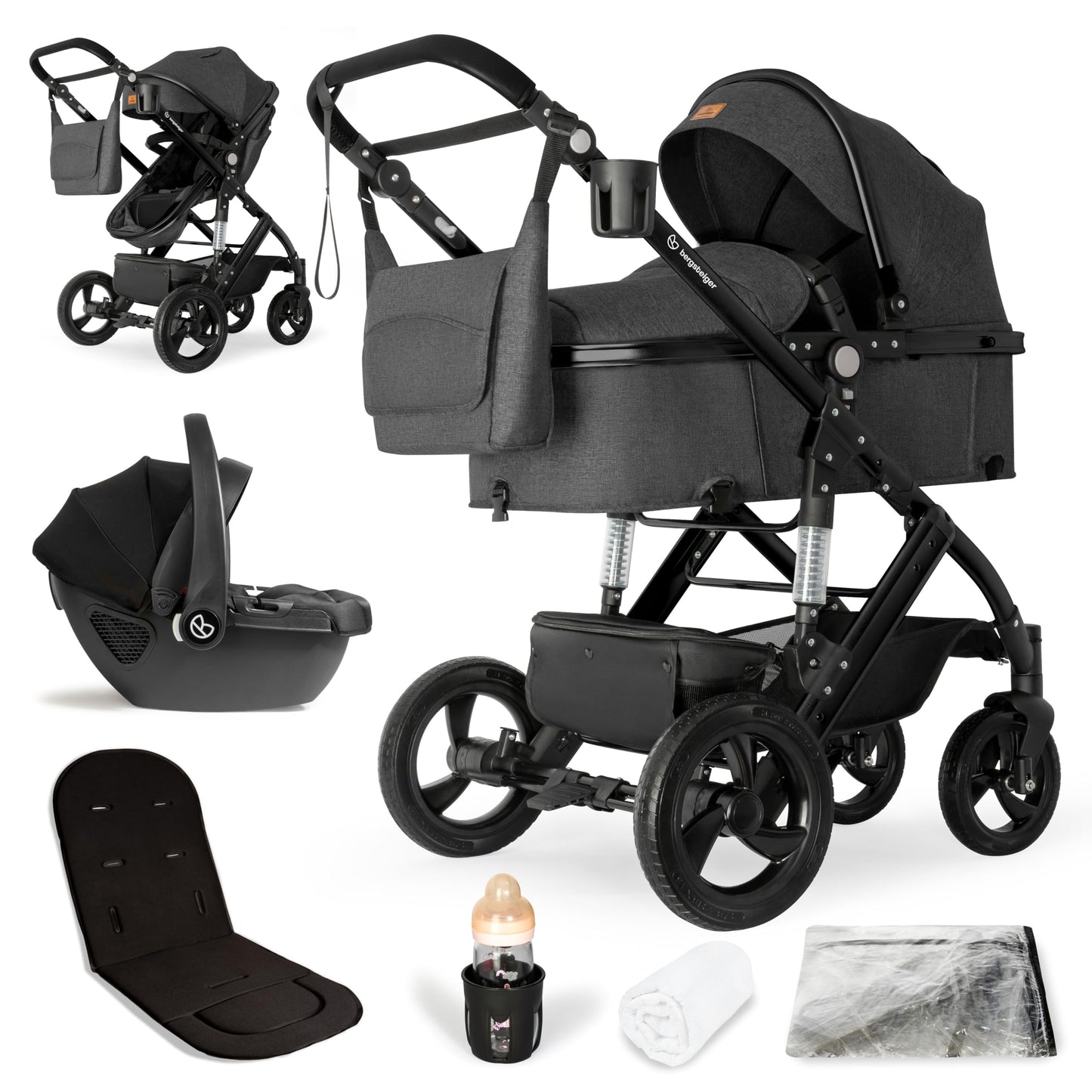 Bergsteiger Nizza 3 in 1 Kinderwagen, Kombikinderwagen Komplettset, Auto-Babyschale & Isofix Station, Babywanne & Buggy Sportsitz inklusive