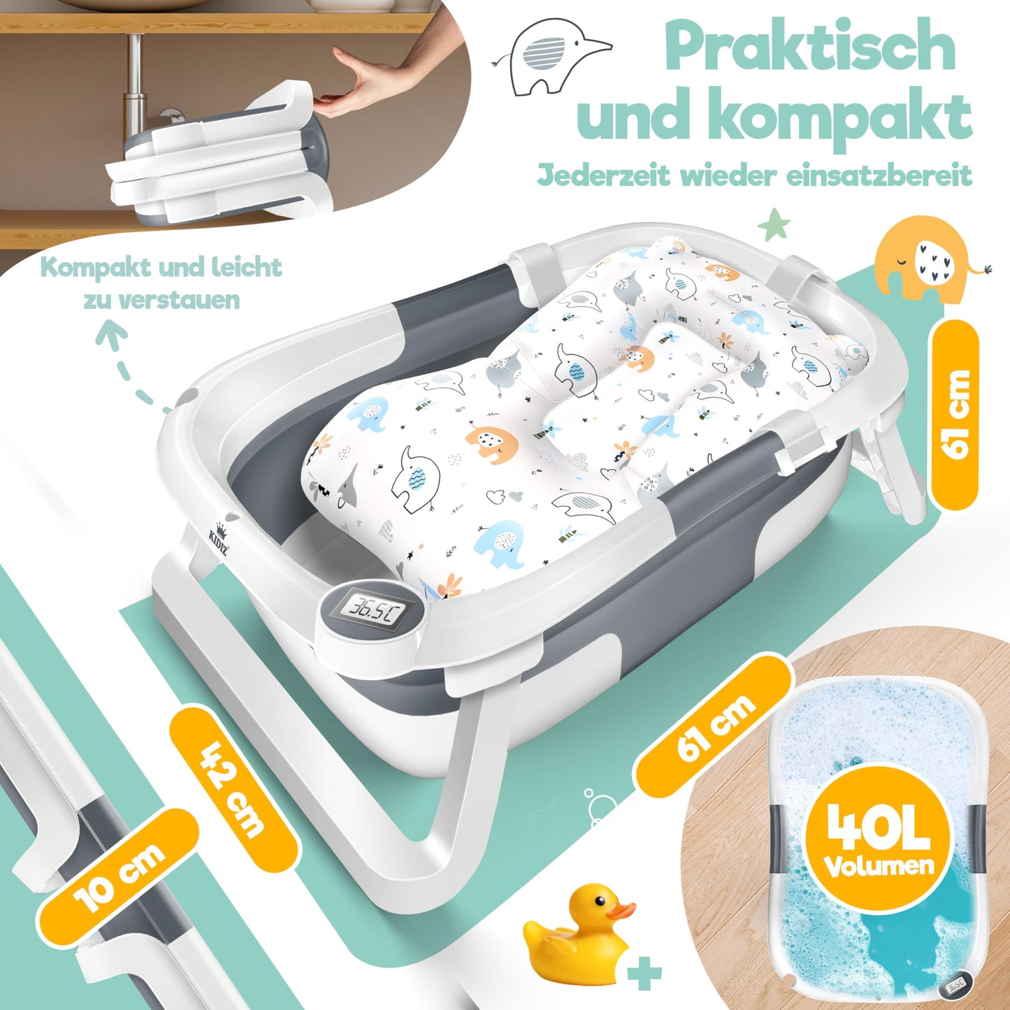 KIDIZ® Baby Bathtub, Baby Bathtub, Space-Saving & Foldable, Bath Tub, Shower Tray for Newborns, Toddlers, 0-24 Months, Portable Travel Shower for Babies, Ergonomic Bathtub with Thermostat and