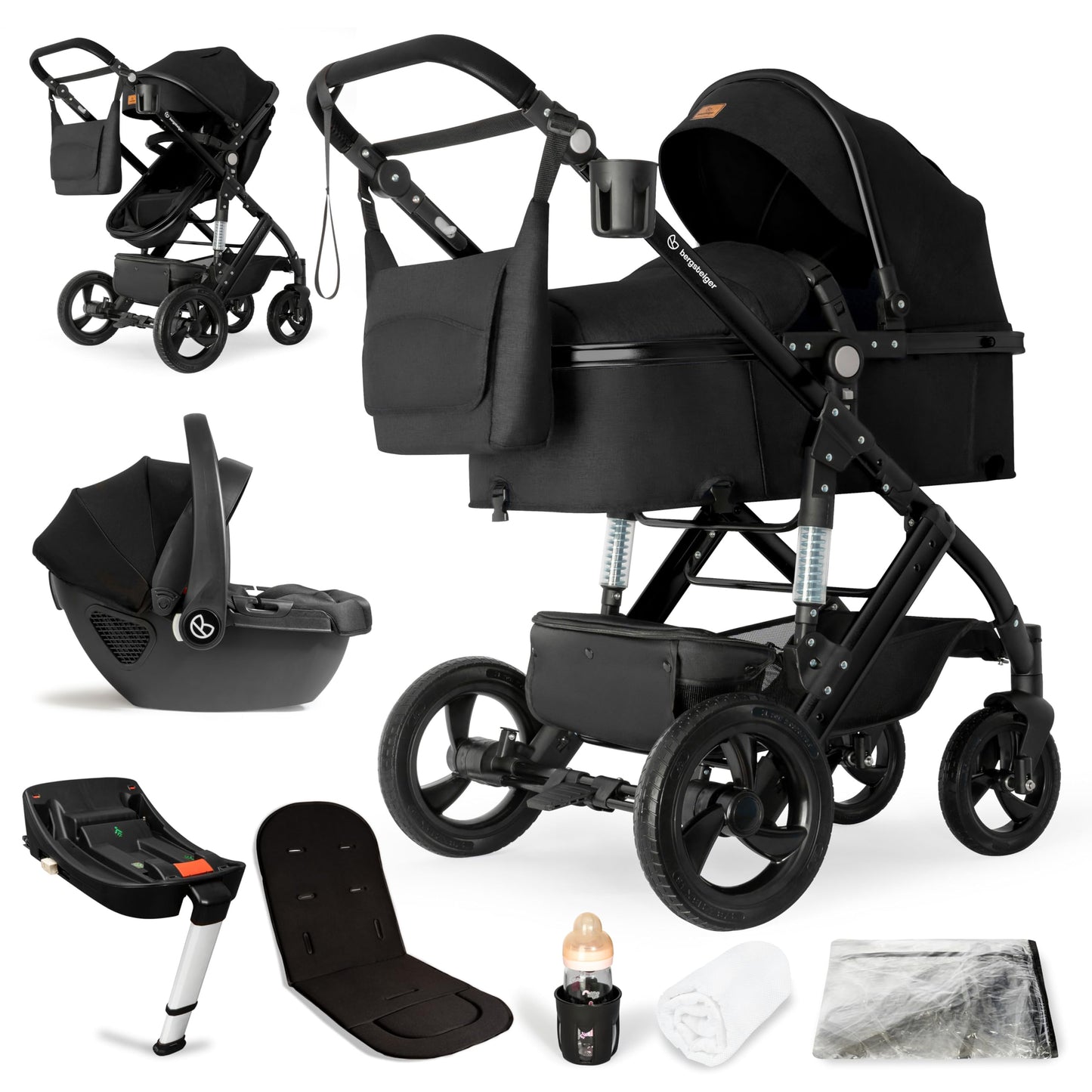Bergsteiger Nizza 3 in 1 Kinderwagen, Kombikinderwagen Komplettset, Auto-Babyschale & Isofix Station, Babywanne & Buggy Sportsitz inklusive
