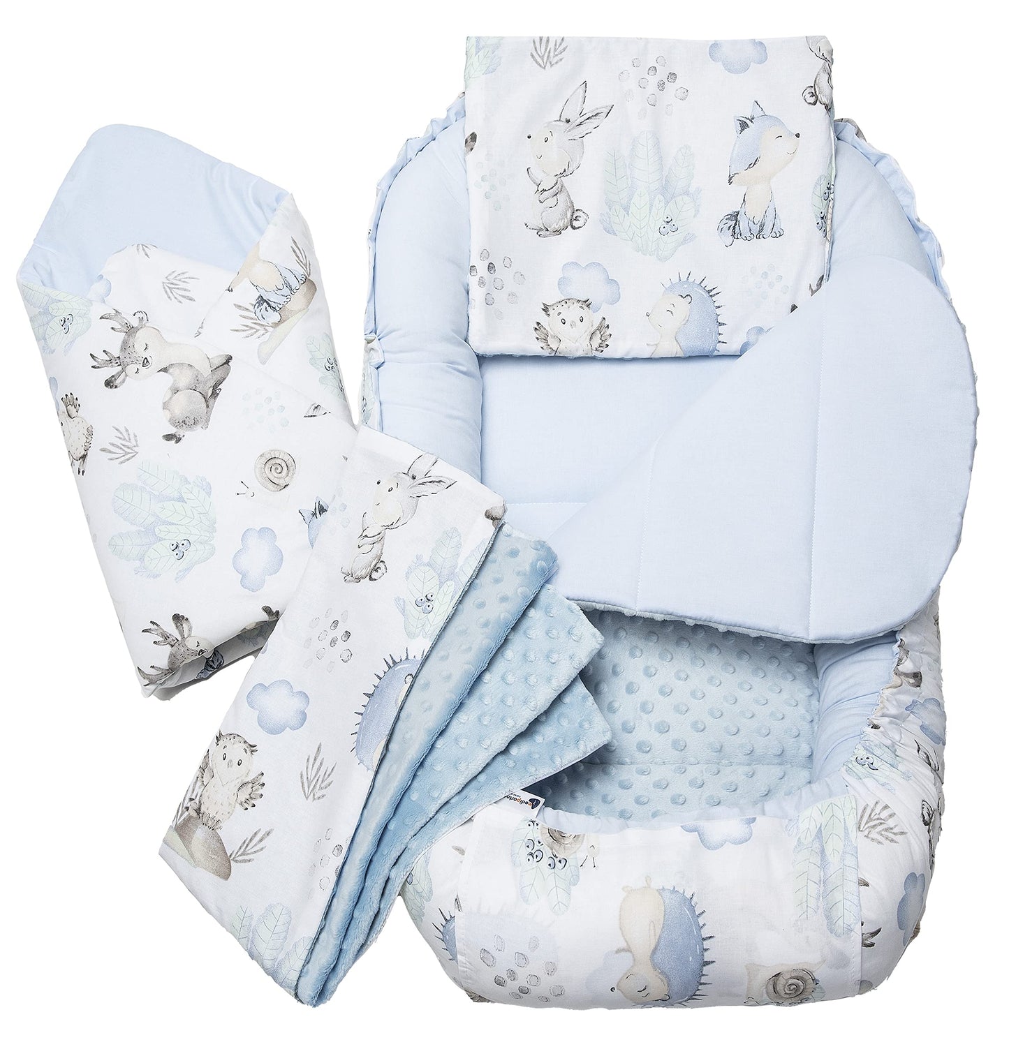 Medi Partners Babynestchen Babynest Set 100x60x15 Kuschelnest 5 teilig herausnehmbarer Einsatz Kokon Nestchen Babys Neugeborene 100% Baumwolle (REH mit Grauem Minky) - Meloni2