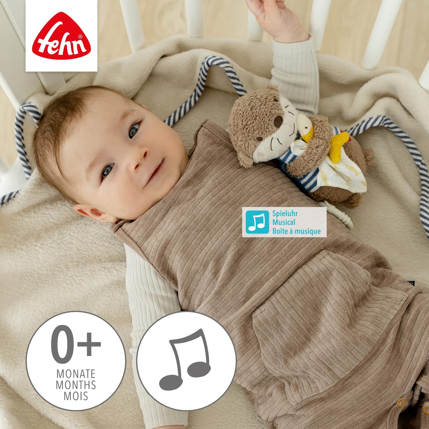Fehn Mini-Spieluhr Otter – Kuscheltier & Einschlafhilfe: Aufzieh-Spieluhr mit sanfter Melodie Brahms Wiegenlied beruhigt in jeder Situation – für Babys und Kleinkinder ab 0+ Monaten