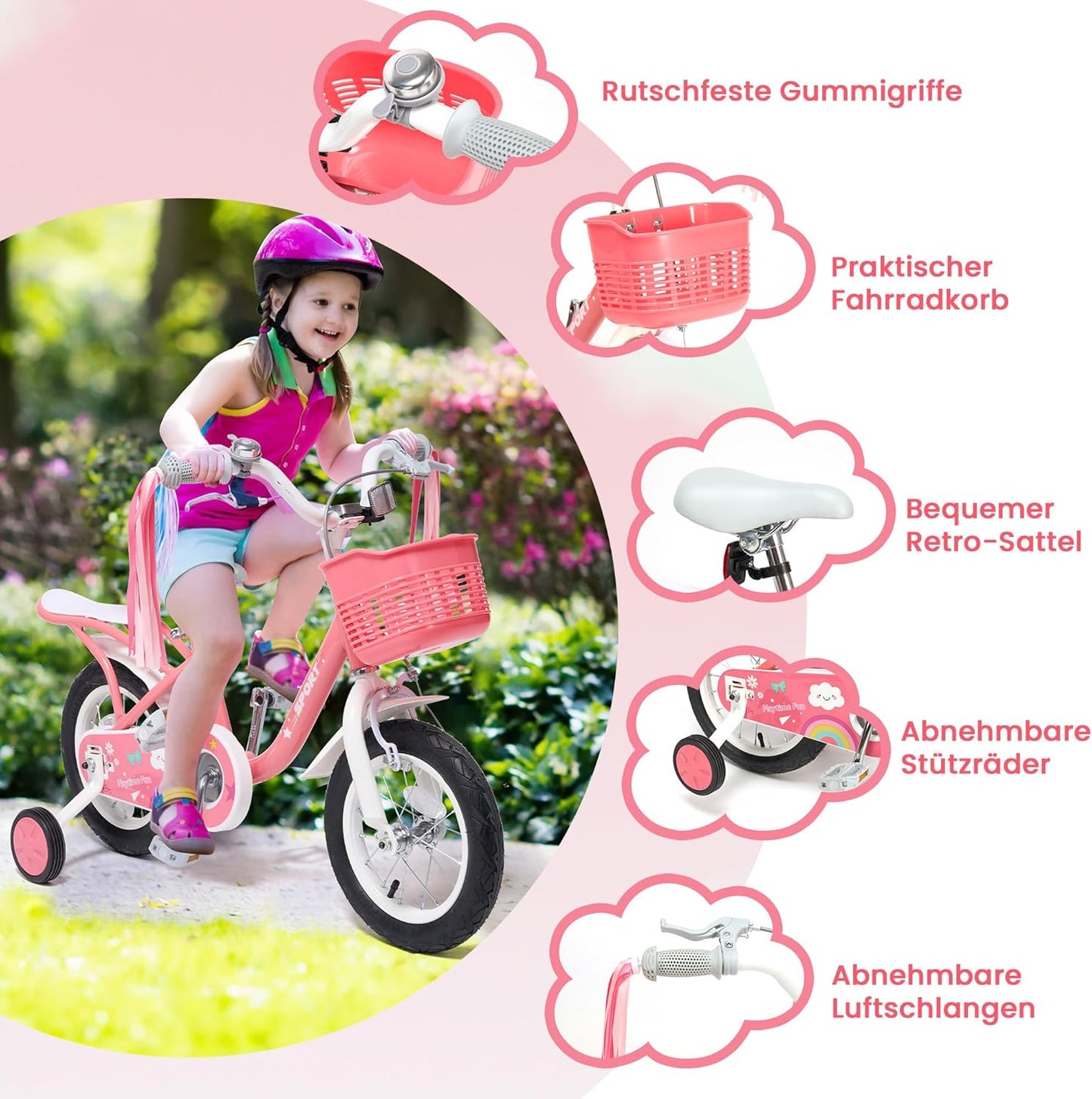 BODIOO 14 Zoll Kinderfahrrad Fahrrad für Mädchenmit und Jungen Stützrädern & verstellbarem Sattelfür Spielrad mit Korb & Klingel Fahrer von 94 bis 107 cm-Rosa - Meloni2