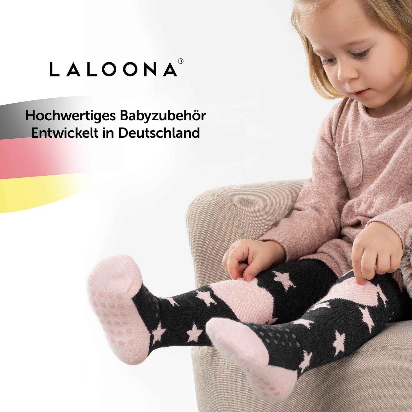 LaLoona Baby Crawling Tights with ABS Sole - Elastic Children's Tights with Non-Slip Nubs - Stars / Pink