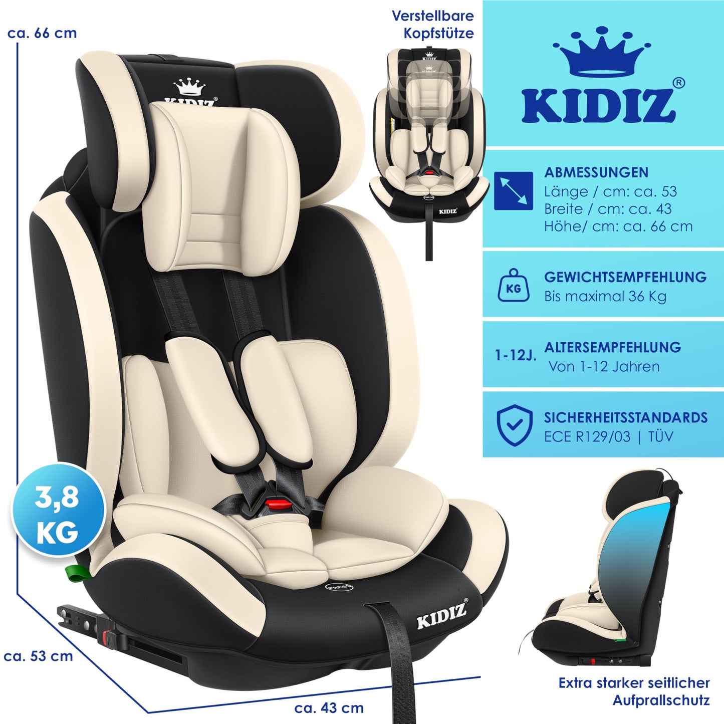 KIDIZ® Autokindersitz Kinderautositz Gruppe 1+2+3 9-36 kg 5-Punkt-Sicherheitsgurt, Autositz, Kindersitz, Einstellbare Kopfstütze, Mitwachsende Sitzerhöhung 1-12 Jahre, Stabil und Sicher