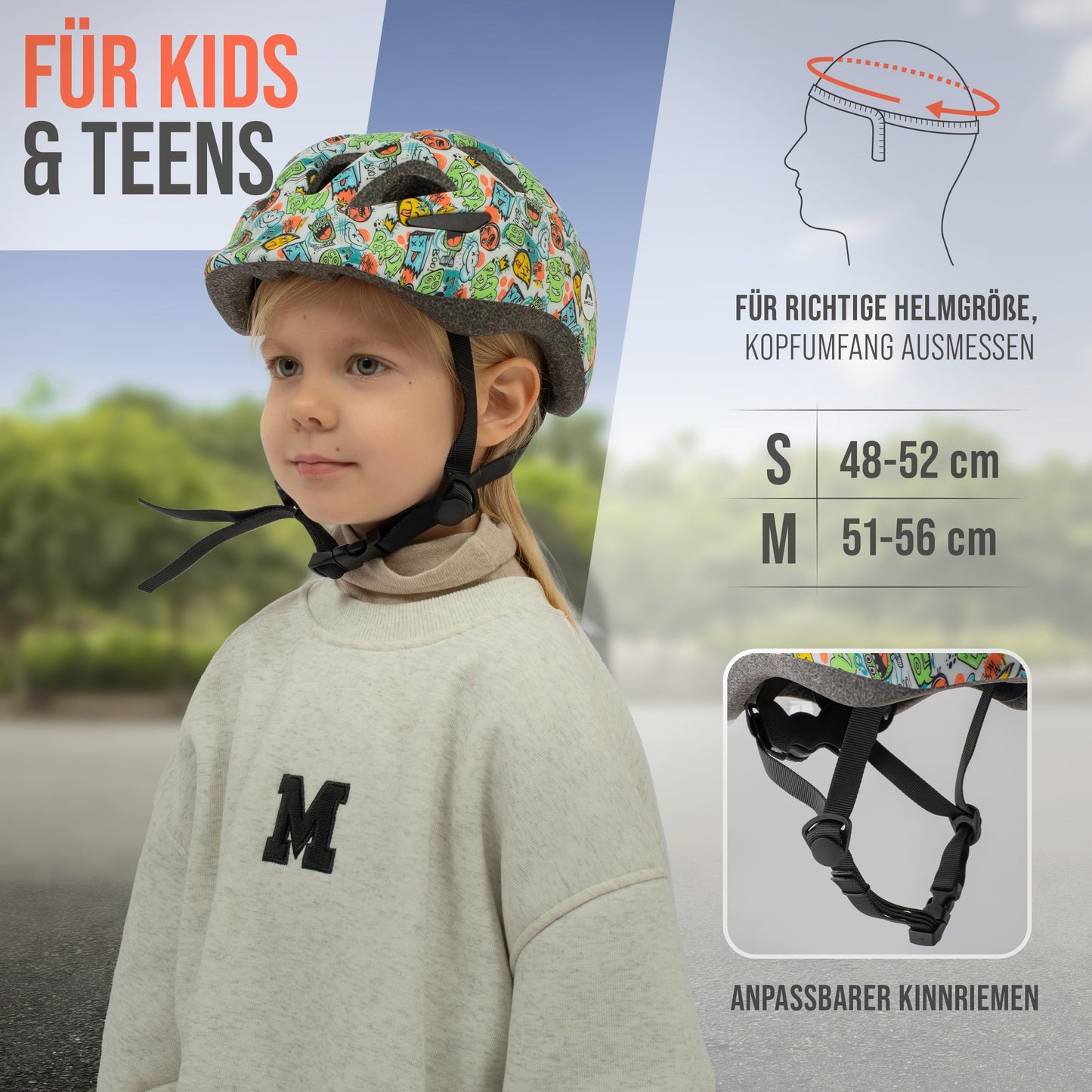 Apollo Kinder Fahrradhelm, Helm für Kinder & Jugendliche, Multisport Helm, Fahrradhelm Mädchen, Fahrradhelm Jungen, Kinderhelm ab 3 Jahre, Verstellbarer Kinder-Helm, ab Größe 48, für Fahrrad & Roller