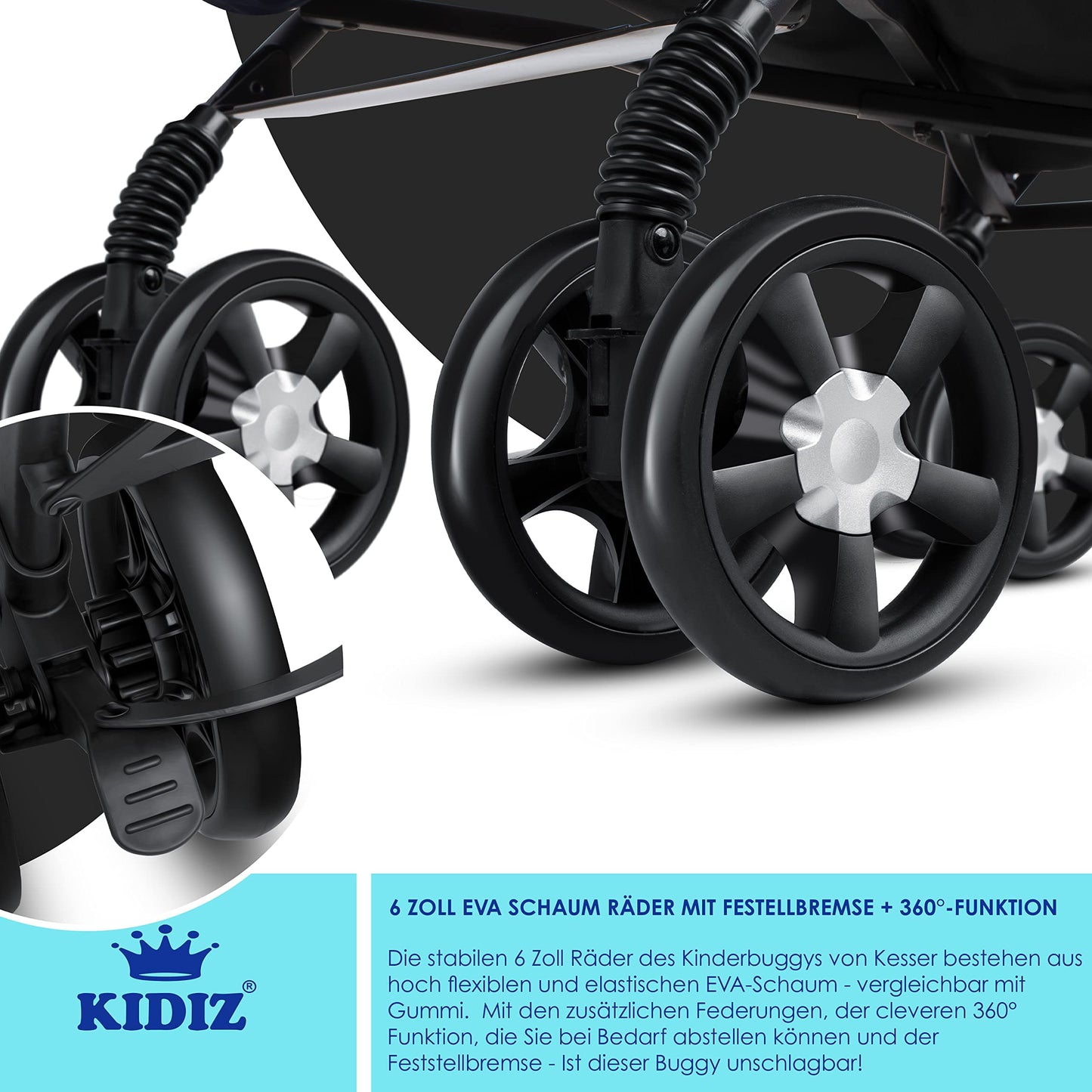 KIDIZ® City-Pro Pushchair Folding Pushchair Pushchair Sports Pushchair Foldable 360° 6 Inch Wheels Includes Mosquito Net, Footmuff and Rain Cover Foldable Sleep Function Blue
