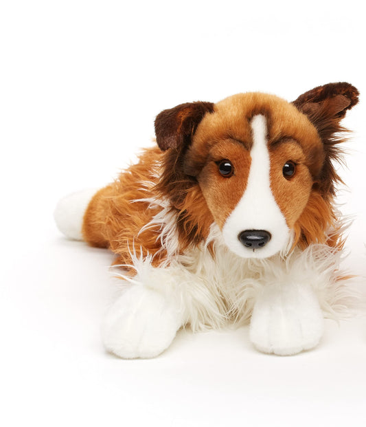 Uni-Toys Maple Kuscheltier Collie, Langhaardackel, Liegend, Weiß-Braun, 41 cm, Plüschhund, Kuscheltier