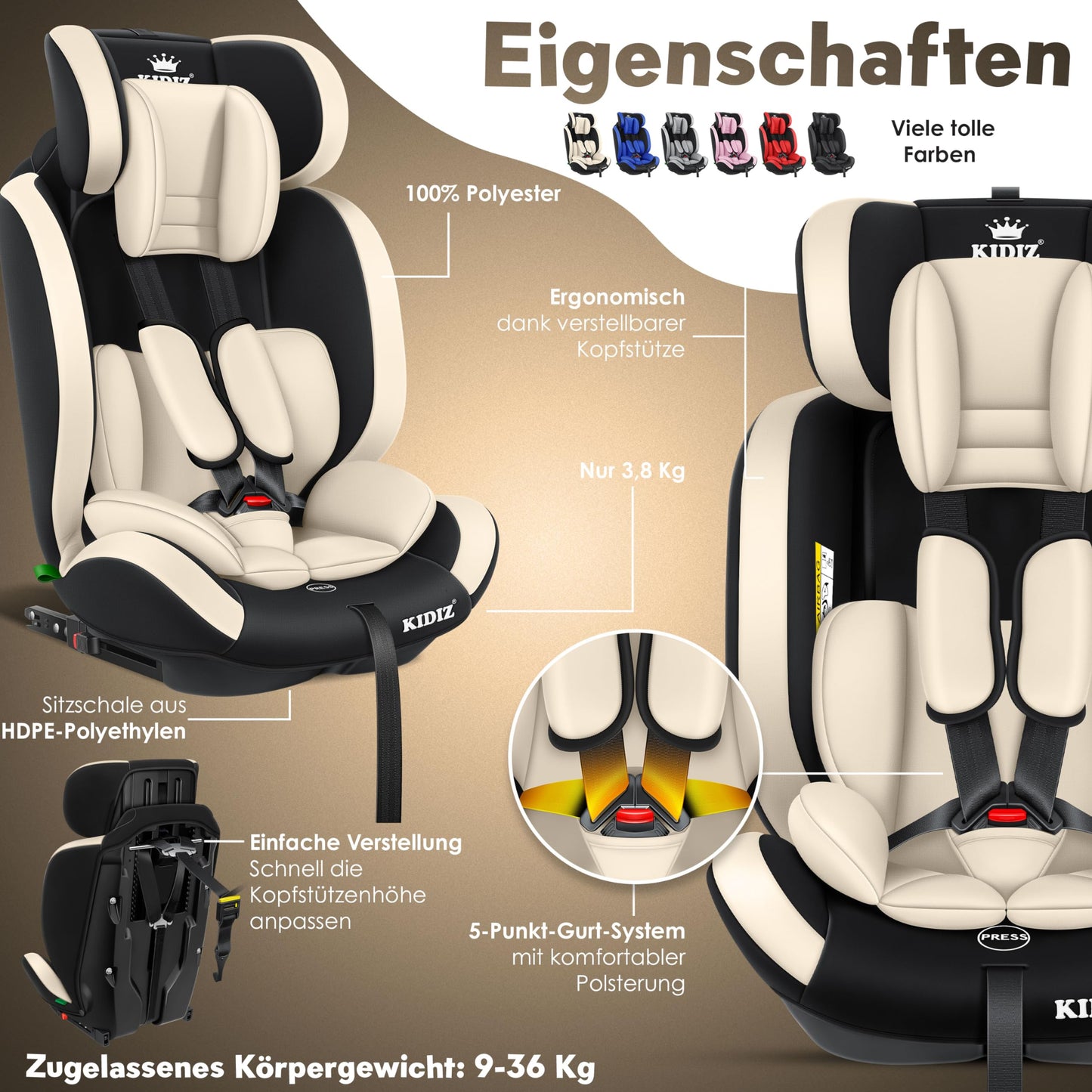 KIDIZ® Autokindersitz Kinderautositz Gruppe 1+2+3 9-36 kg 5-Punkt-Sicherheitsgurt, Autositz, Kindersitz, Einstellbare Kopfstütze, Mitwachsende Sitzerhöhung 1-12 Jahre, Stabil und Sicher