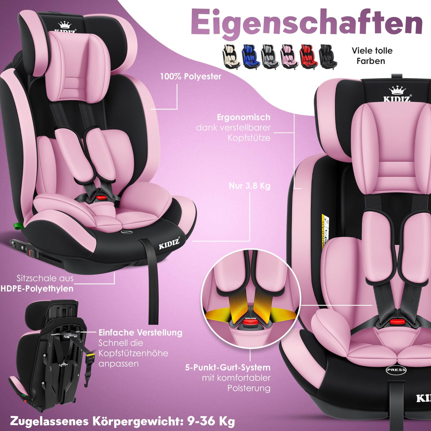 KIDIZ® Autokindersitz Kinderautositz Gruppe 1+2+3 9-36 kg 5-Punkt-Sicherheitsgurt, Autositz, Kindersitz, Einstellbare Kopfstütze, Mitwachsende Sitzerhöhung 1-12 Jahre, Stabil und Sicher - Meloni2