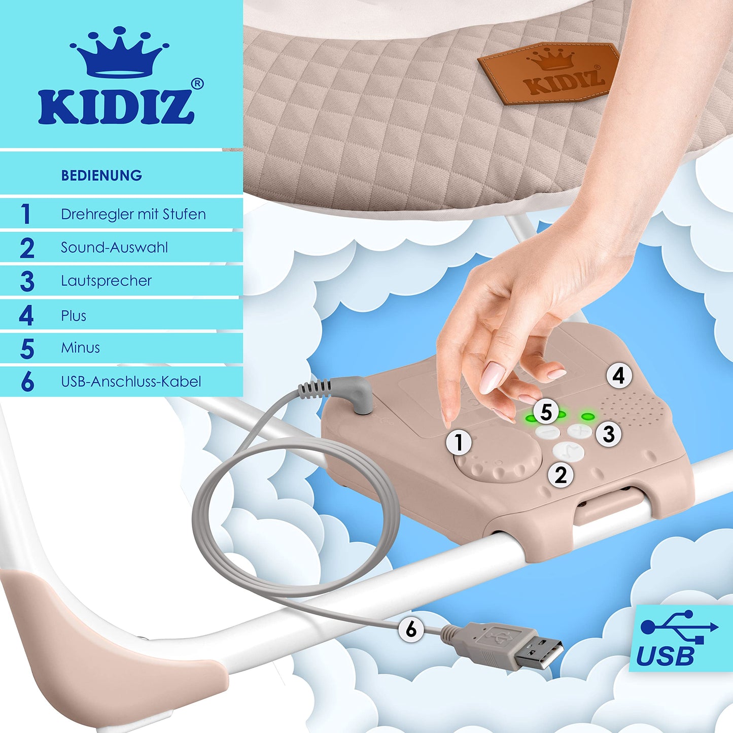 KIDIZ® Baby Rocker Baby Swing with 5 Speed Settings Foldable Baby Rocker Swing Baby High Chair with Play Arch Toys 5 Soothing Natural Sounds Newborn Anthracite