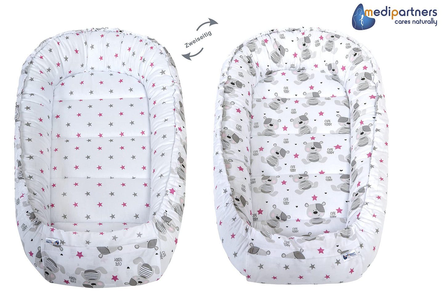 Medi Partners Babynestchen Babynest Set 100x60x15 Kuschelnest 5 teilig herausnehmbarer Einsatz Kokon Nestchen Babys Neugeborene 100% Baumwolle (REH mit Grauem Minky)