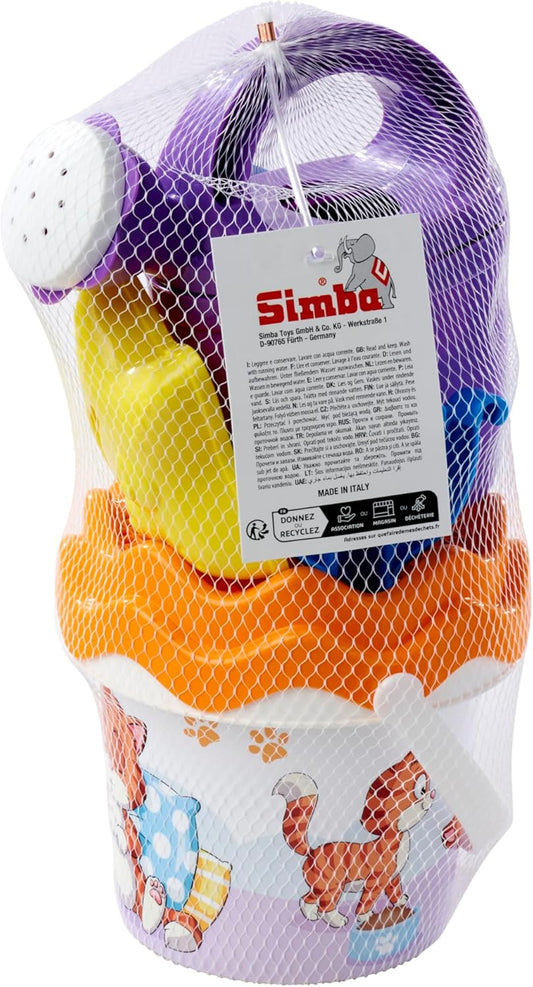 Simba 10711479 - Sandspiel-Set Katze, Eimergarnitur, 6 Teile, Eimer, Sieb, Sandform, Schaufel, Rechen, Gießer, H:11cm, D:14cm, Sandspielzeug für Kinder ab 3 Jahren