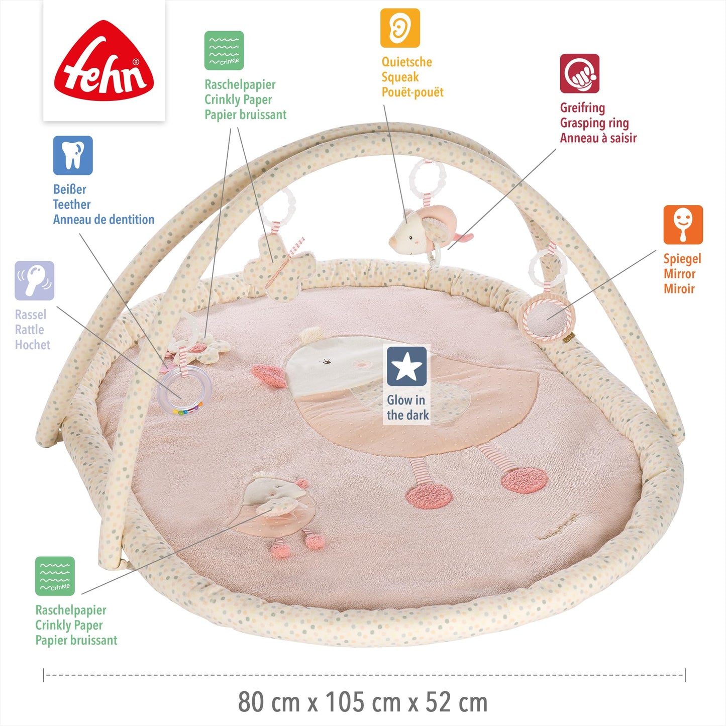 Fehn 3-D-Activity-Decke Spielbogen Peru – Baby Krabbeldecke mit 5 abnehmbaren Spielzeugen zum Greifen – Spieldecke für Babys und Kinder ab 0+ Monaten – Krabbelmatte als Geschenk zur Geburt