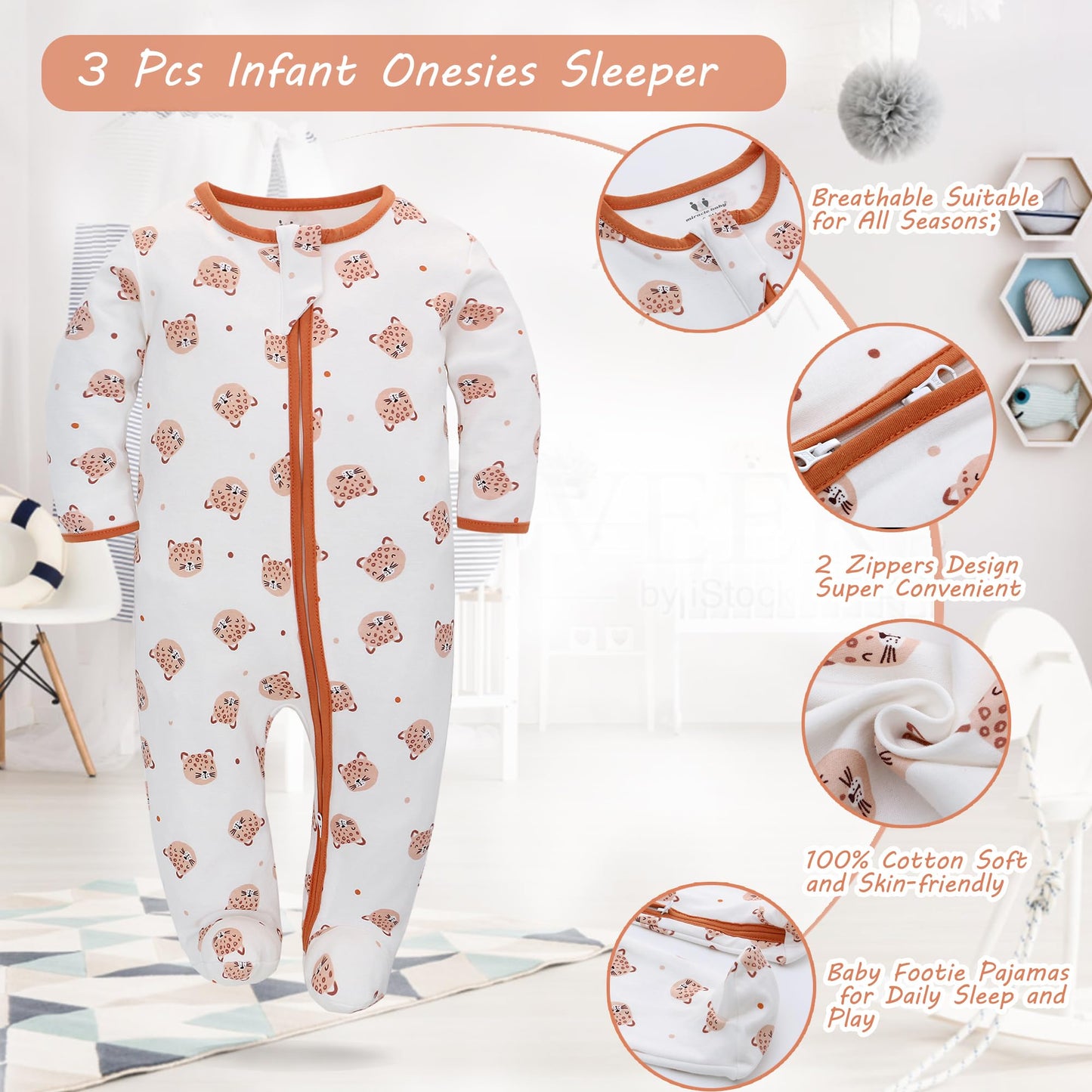 Newborn Baby Boys Girls Rompers with Foot Baby Pajamas One-Piece Long Sleeve Jumpsuit Infant Spring Autumn Bodysuit, 3 Pack