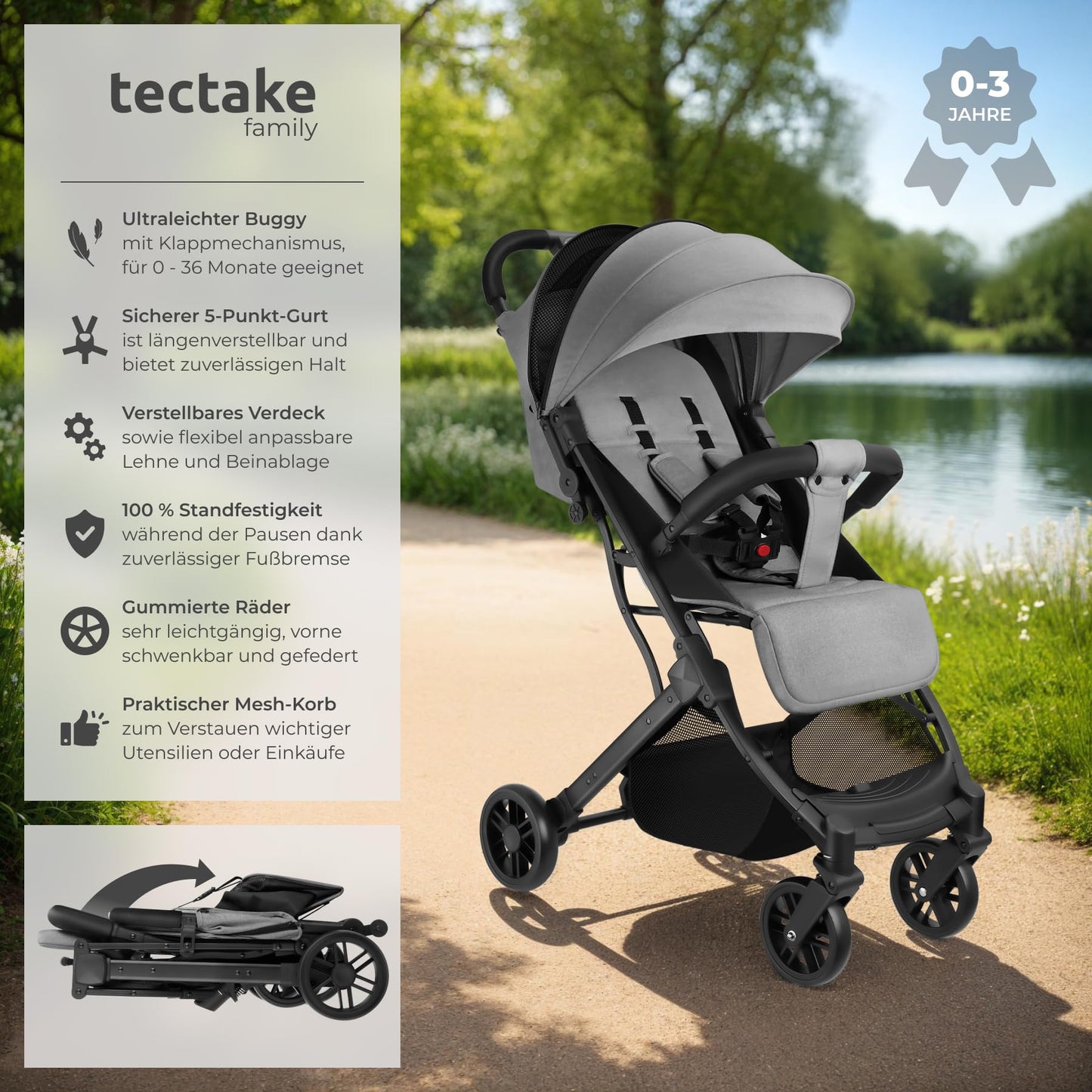 tectake® Buggy Kinderwagen von 0 bis 3 Jahre, Wagen für Baby Erstausstattung Neugeborene und Kinderbuggy, einhändig faltbarer Reisebuggy, Reisekinderwagen, Baby Wagen mit Verdeck - grau/beige - Meloni2