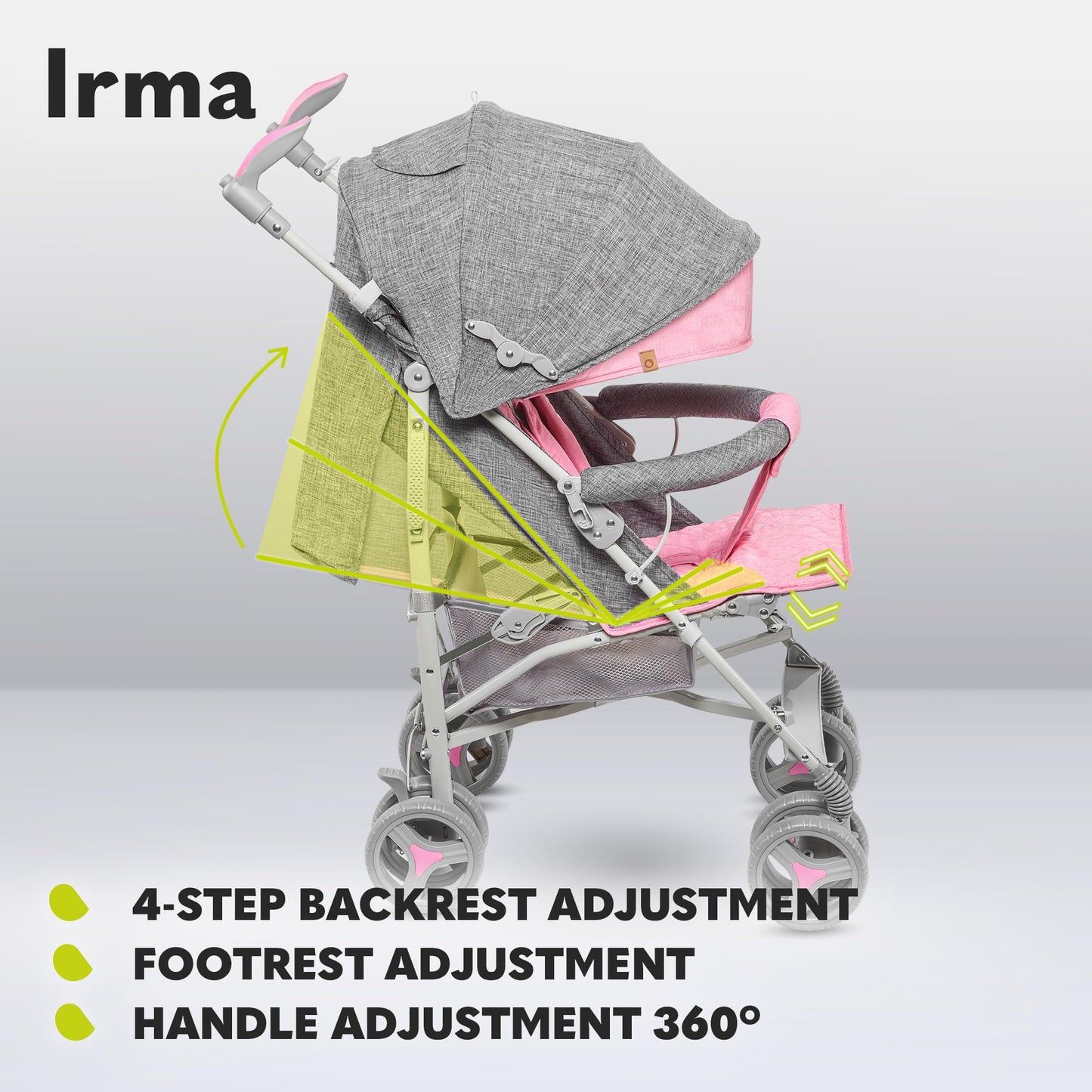 Lionelo Irma Pushchair up to 15 kg, Lightweight Modern Pushchair with Reclining Function, Foldable, Large 6 Inch Wheels, Large Basket, Bag, Mosquito Net