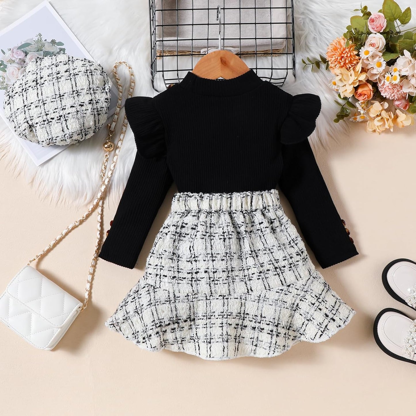 UUAISSO Kleinkind Baby Mädchen Kleidung Langarm Gerippte Oberteile Plaid Tweed Muster Rock Baskenmütze Herbst Knopf Outfits Sets