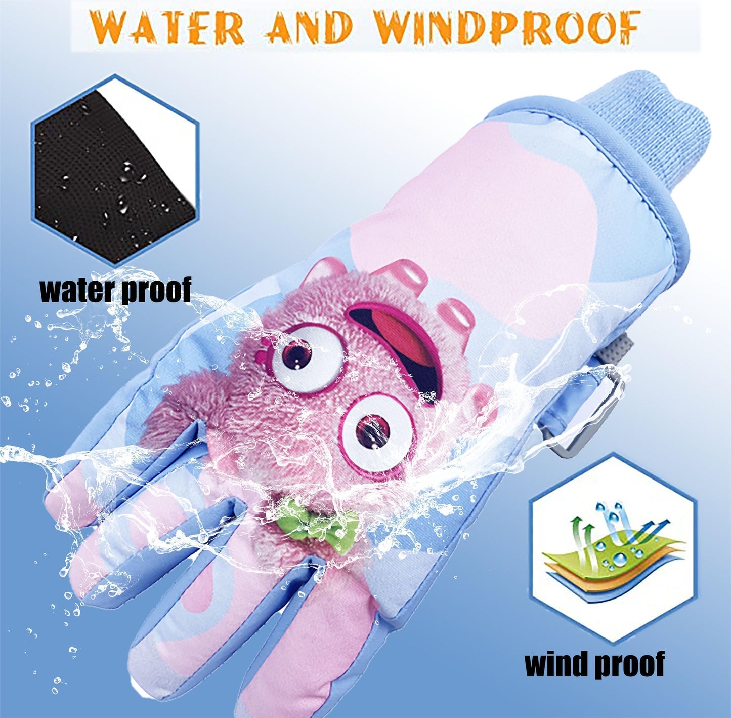 FAYHIJUN Children's Winter Snow Gloves Ski Gloves for 1-13 Years Girls Boys PU Palm Waterproof Windproof Warm Fleece Winter Gloves Cycling Gloves