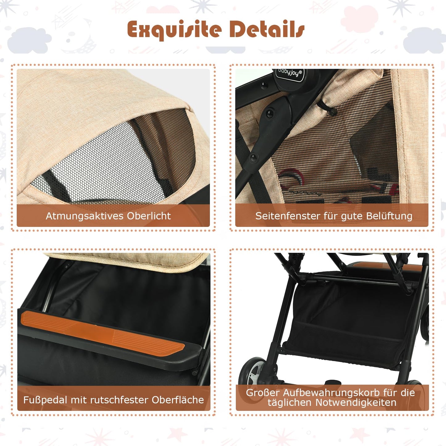 DREAMADE Children's Buggy Foldable with Reclining Function, Pram for Baby 0-3 Years, Foldable Buggy with 5-Point Safety Belt & Storage Basket & Brake (Grey)