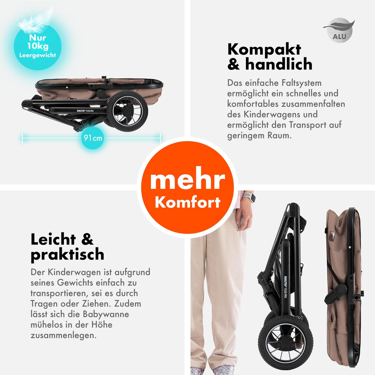 Daliya® FLEXI-PRO M 2in1 Kombikinderwagen & Buggy – XXL-Set, Reise-Kinderwagen mit Einhand-Abnahme, Wetterschutz, Sportsitz, Wickeltasche, Spieltisch, Regenschutz, dicke Matratze (Olivgrün)