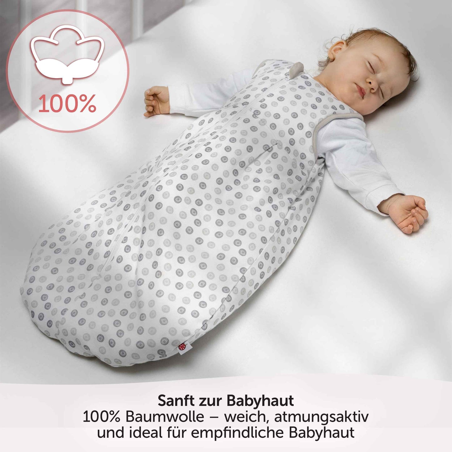Coconette Circle All-Year Baby Sleeping Bag - 2-Piece: Long-sleeved inner bag and lined outer bag for summer and winter. 100 % cotton. White