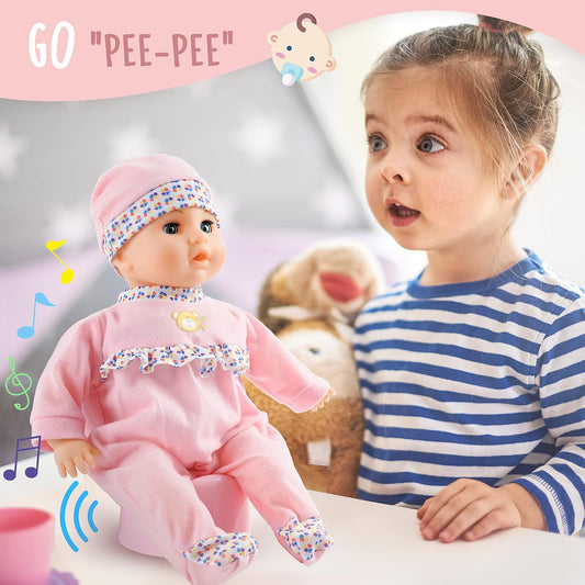 Toy Choi's Baby Puppe – Sprechende 40cm Puppen für Mädchen ab 2 Jahren mit Geräuschen und lustigem Fütterungszubehör, weiches Babypuppen Spielzeug für Kleinkinder und Kinder