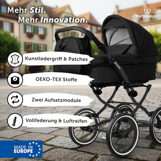 Bergsteiger Venice Nostalgia 3-in-1 Combination Pushchair - Baby Carrier, Sports Seat & i-Size Baby Seat, Pneumatic Tyres, Suspension, Height-Adjustable Handle, Foldable, Accessories